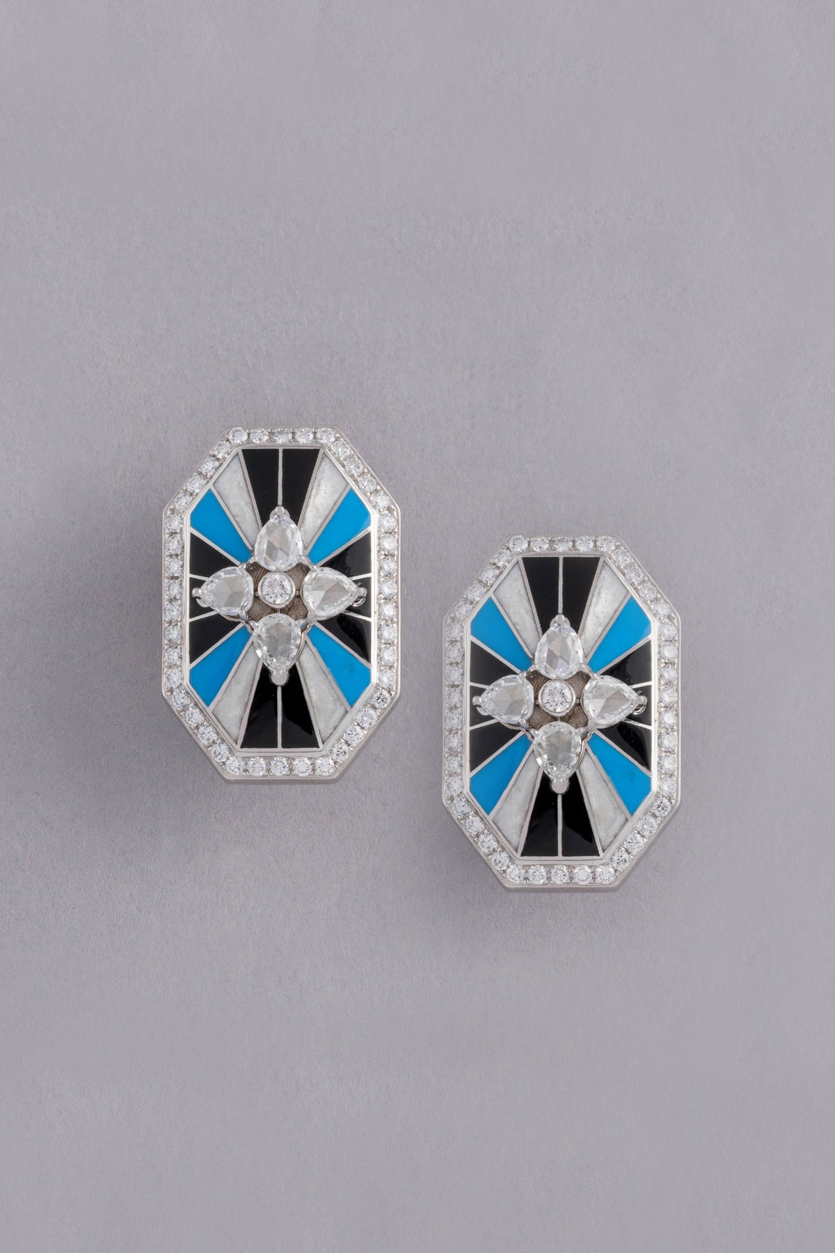 LINK Octagon Earrings, White Gold, Rose-cut Diamonds and Ceramic Enamel