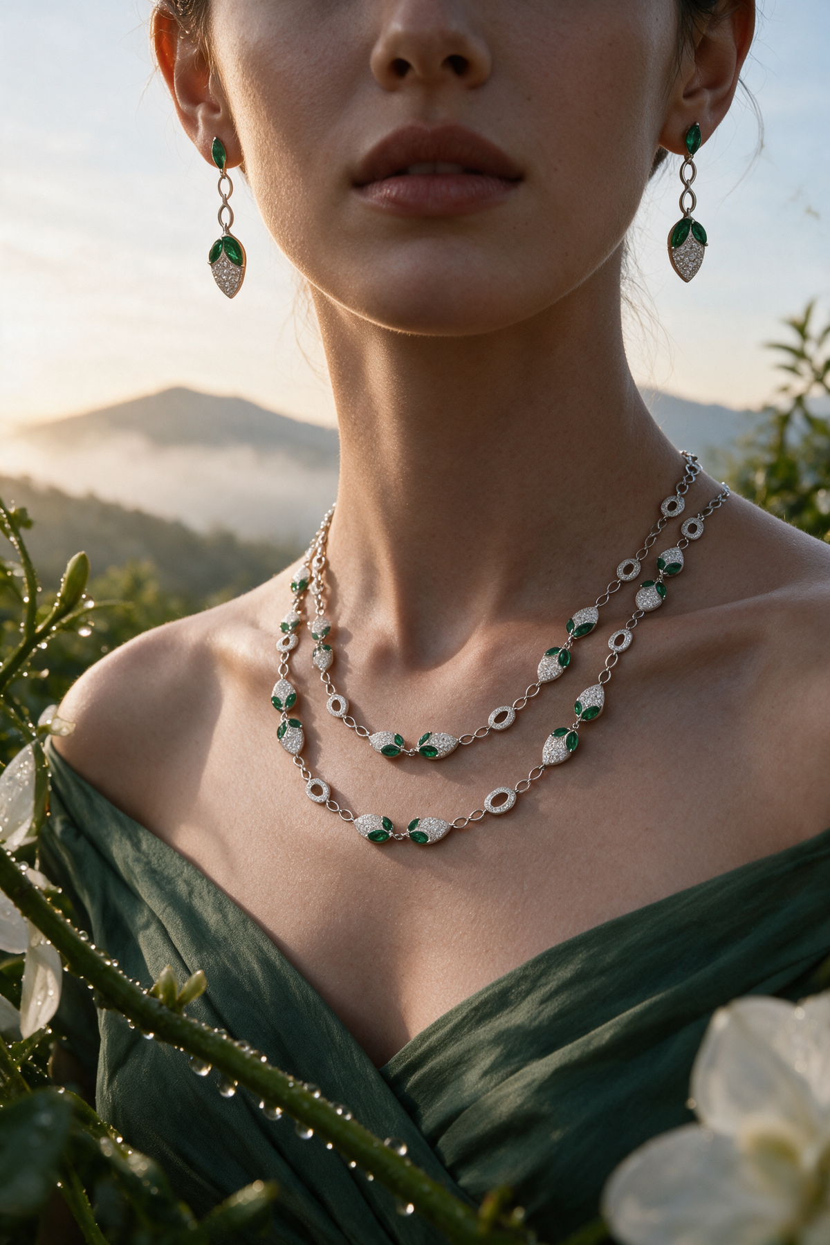 DEW Leaf Earrings, White Gold, Brilliant-cut Diamonds and Emeralds
