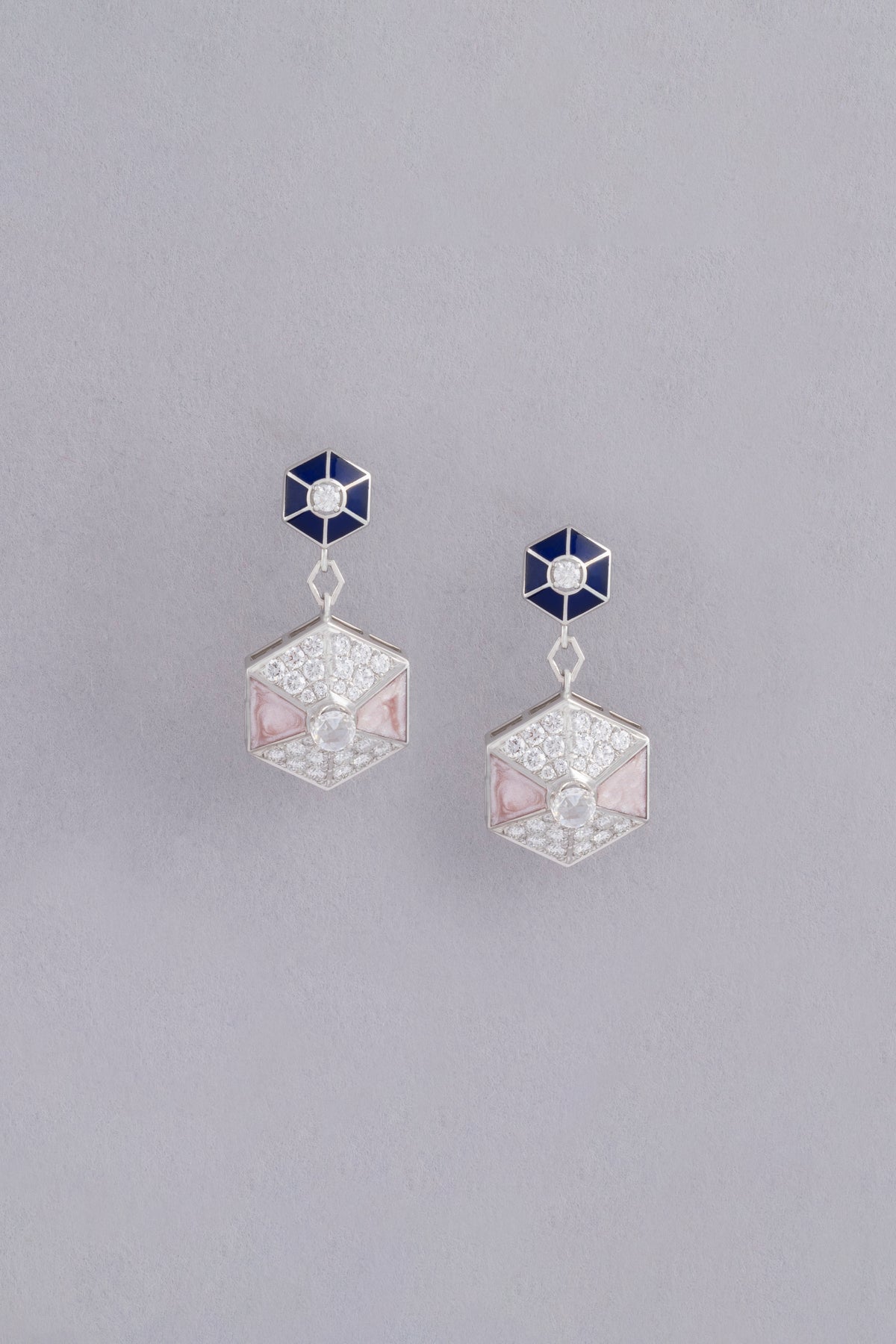 HEXA Honeycomb Bloom Earrings, White Gold, Rose-cut Diamonds and Ceramic Enamel