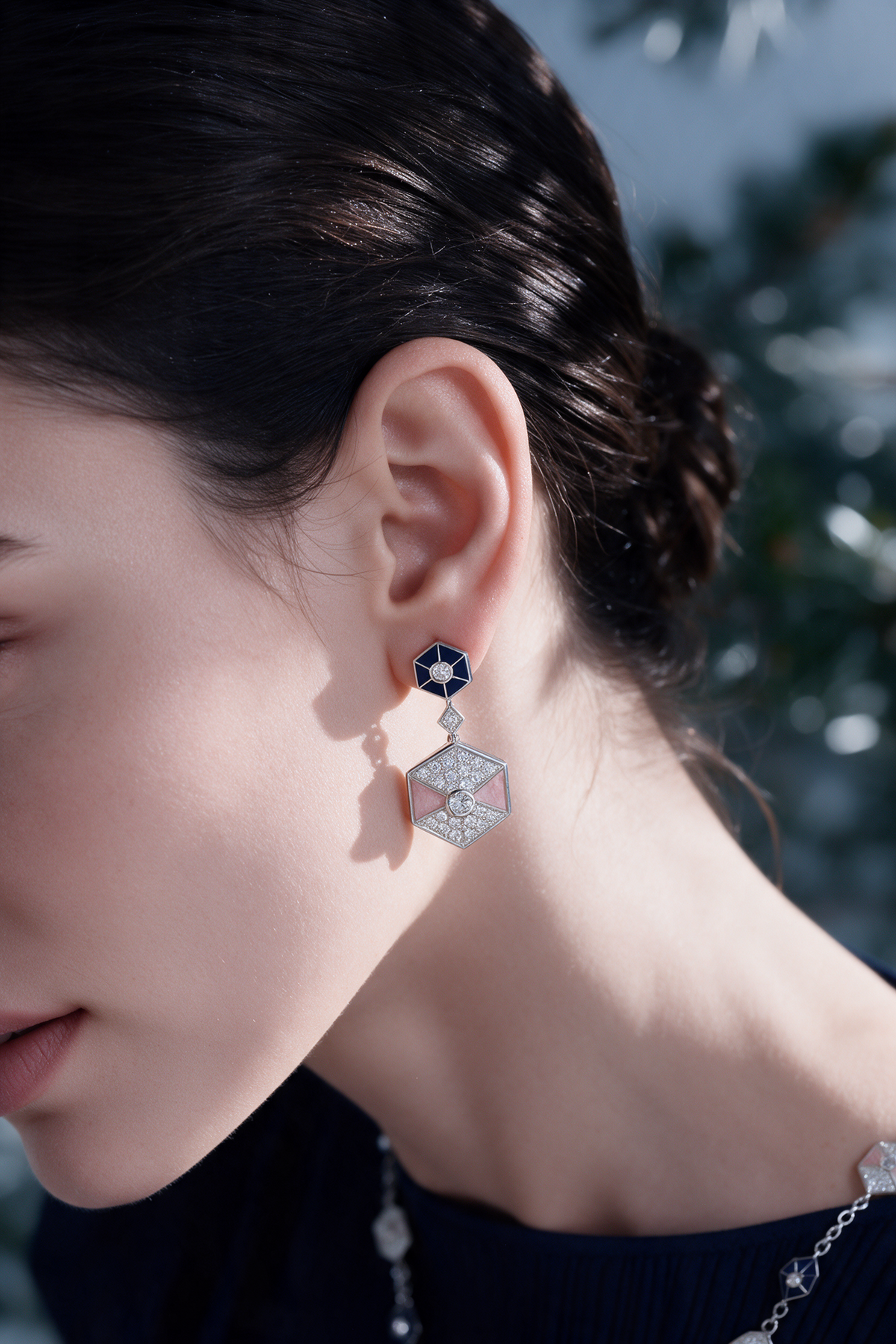 HEXA Honeycomb Bloom Earrings, White Gold, Rose-cut Diamonds and Ceramic Enamel