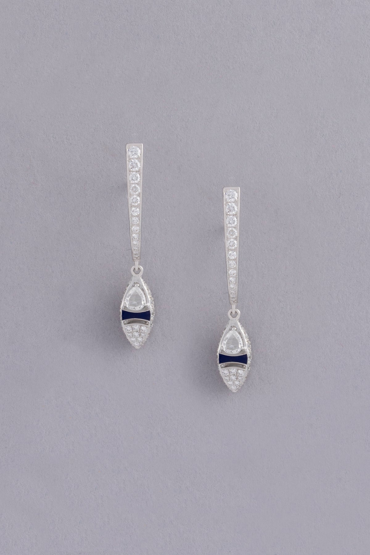 DEW Lariat Earrings, White Gold, Rose-cut Diamonds and Ceramic Enamel