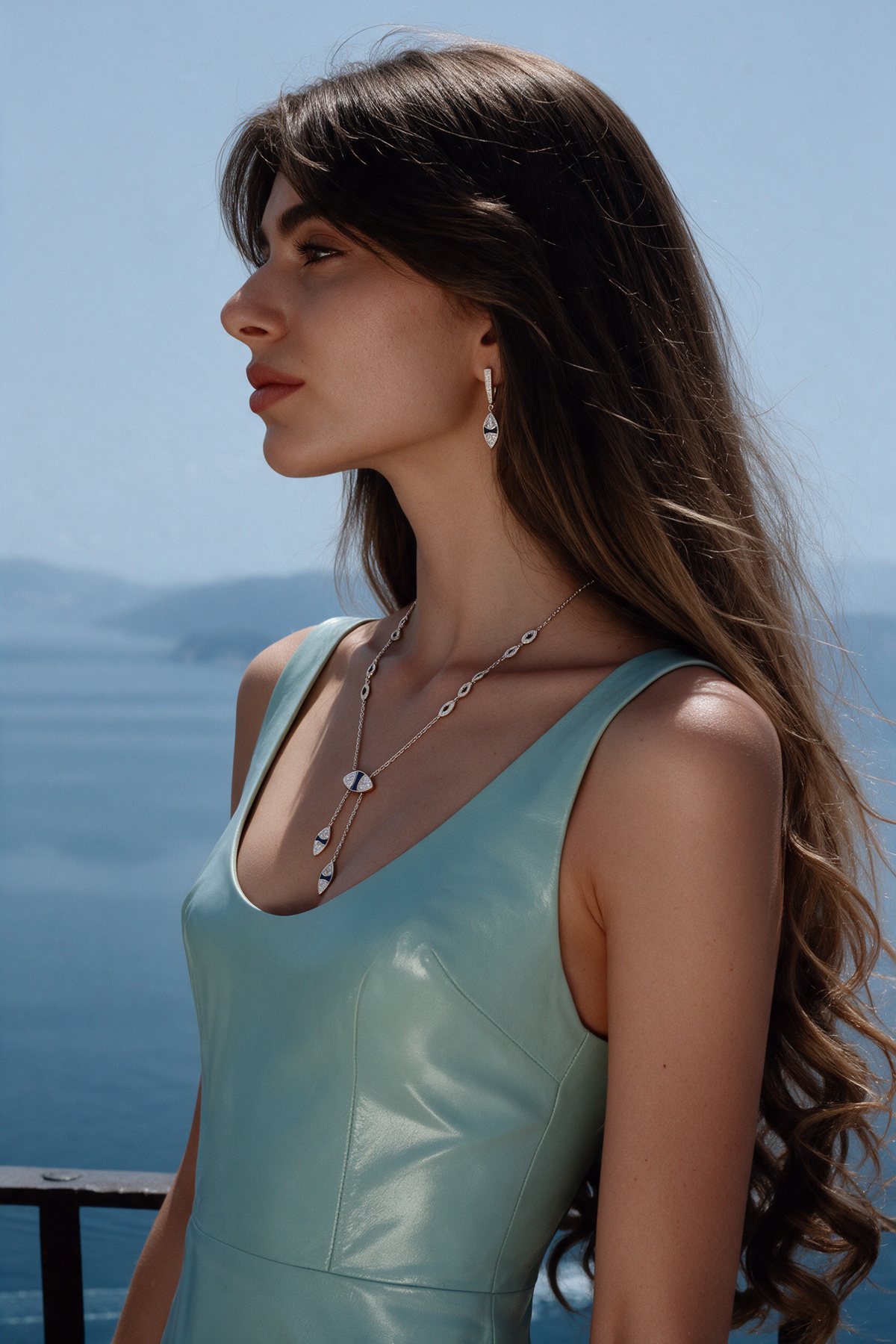 DEW Lariat Earrings, White Gold, Rose-cut Diamonds and Ceramic Enamel