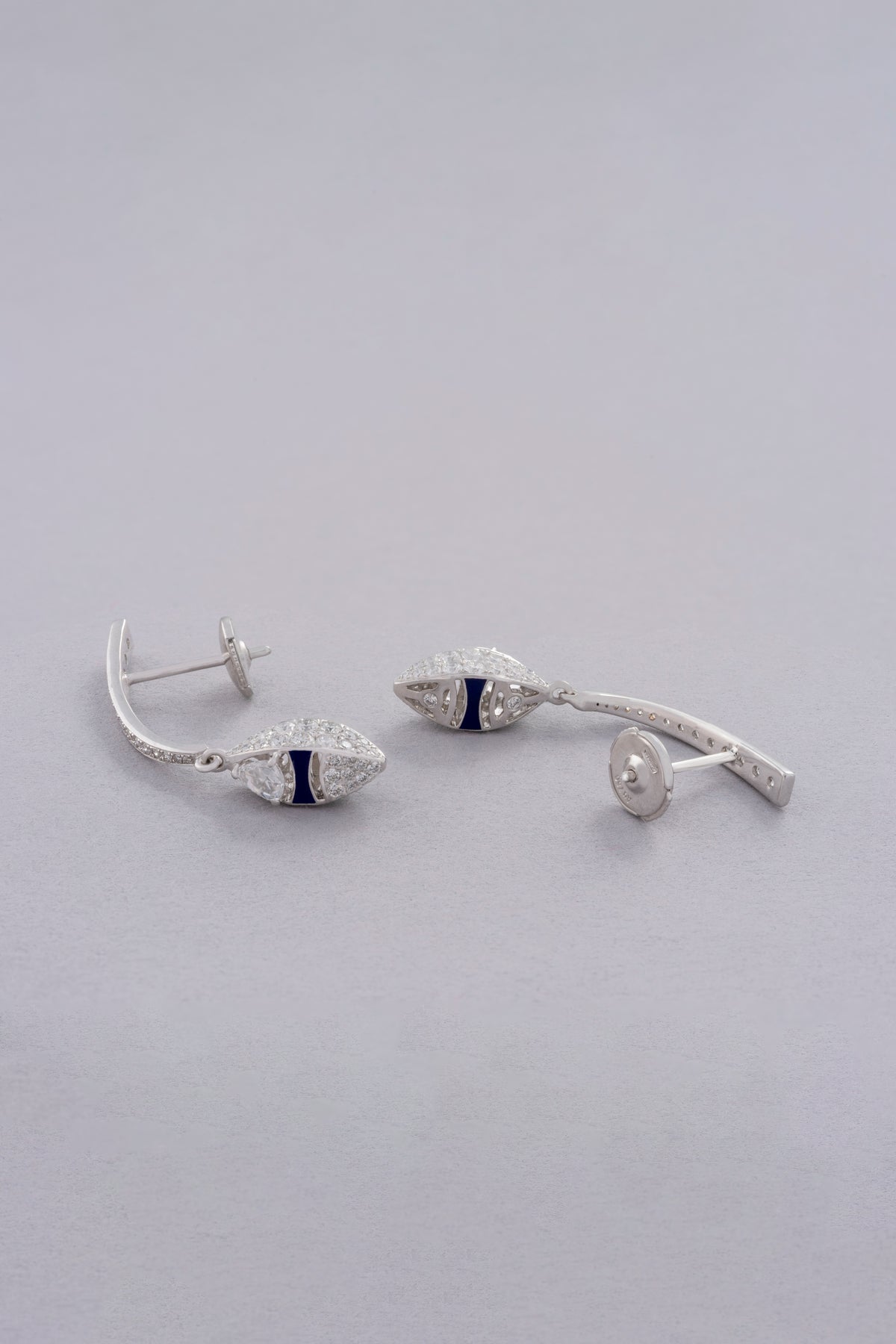 DEW Lariat Earrings, White Gold, Rose-cut Diamonds and Ceramic Enamel