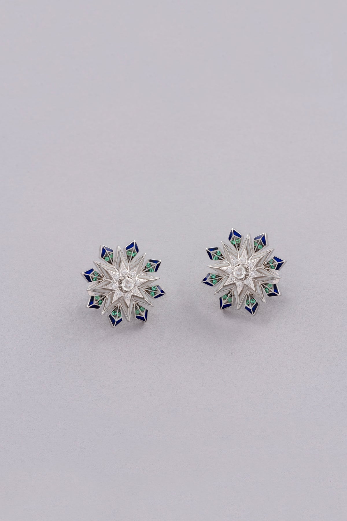 NOVA Starburst Earrings, White Gold, Rose-cut Diamonds and Emeralds
