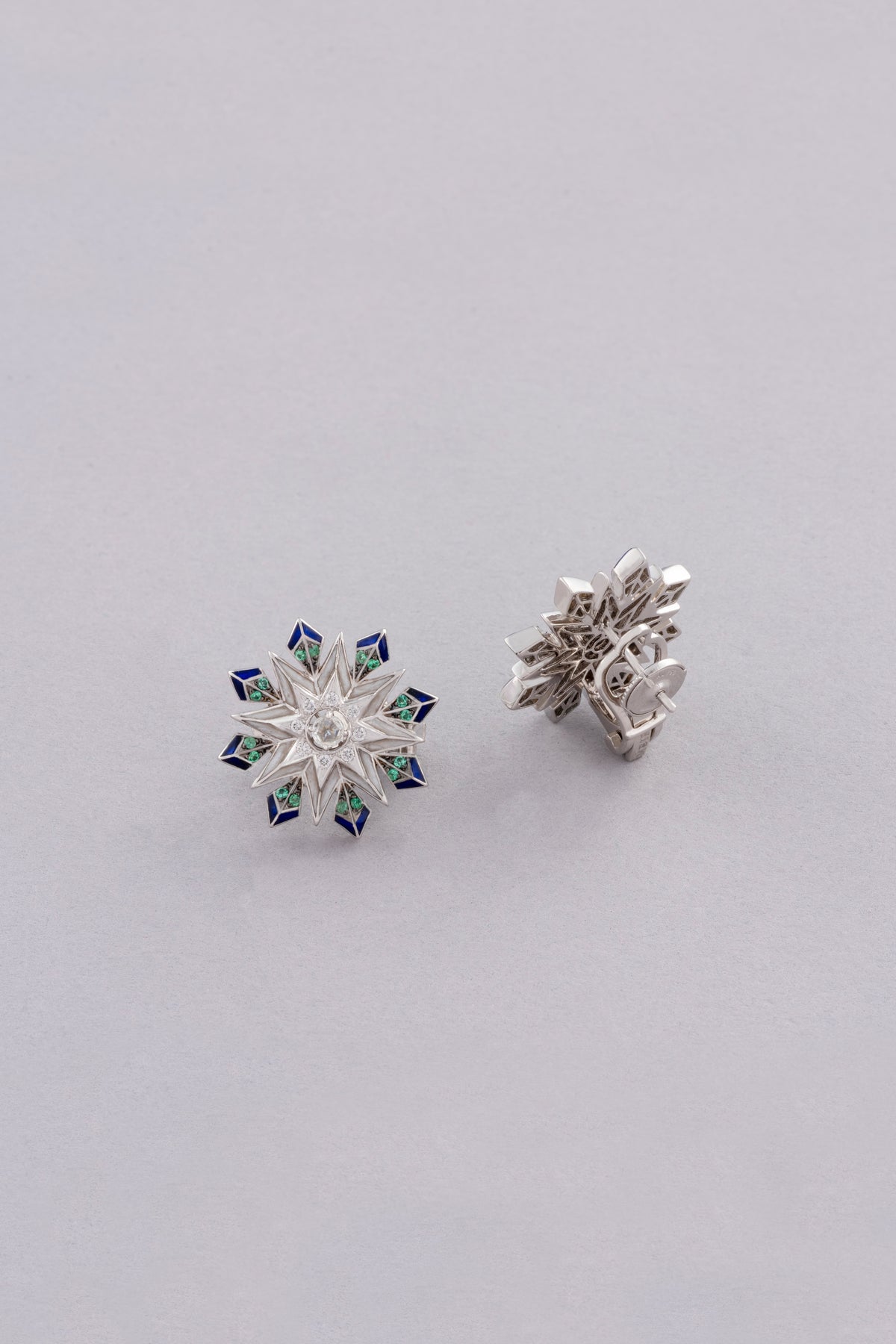 NOVA Starburst Earrings, White Gold, Rose-cut Diamonds and Emeralds