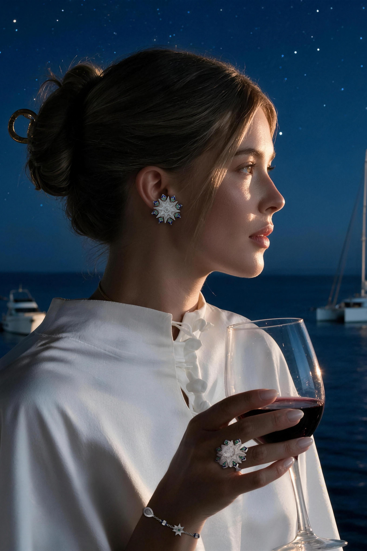 NOVA Starburst Earrings, White Gold, Rose-cut Diamonds and Emeralds