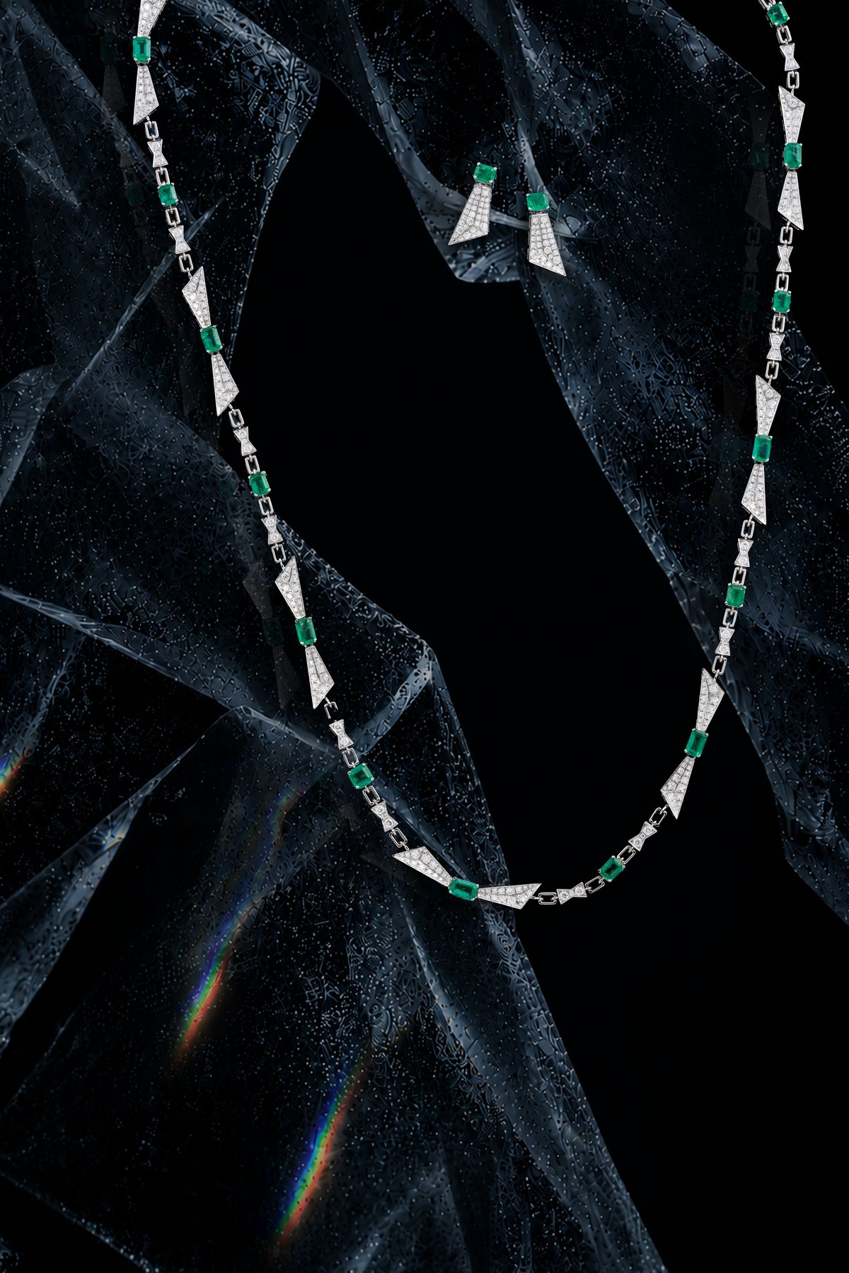 PRISM Emerald-Cut Earrings, White Gold, Brilliant-cut Diamonds and Emeralds