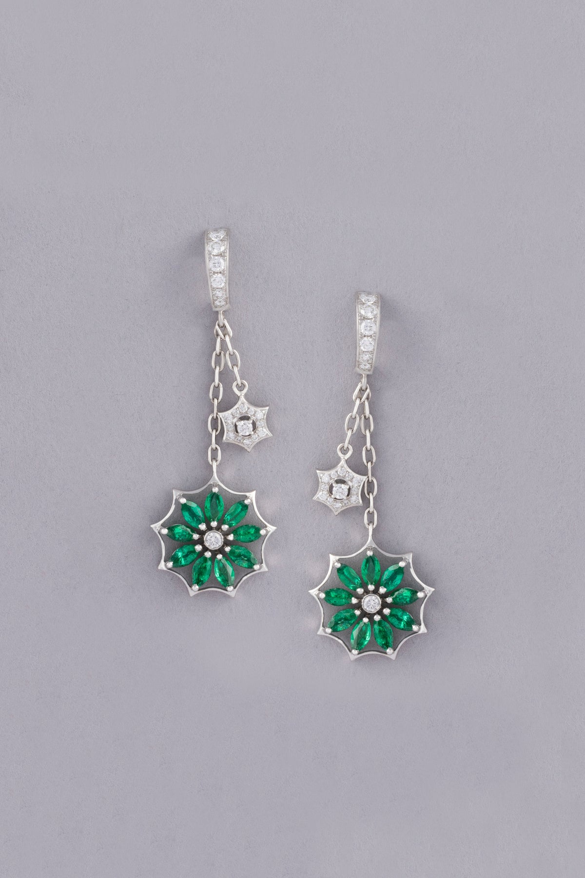 WEB Floral Earrings, White Gold, Brilliant-cut Diamonds and Emeralds
