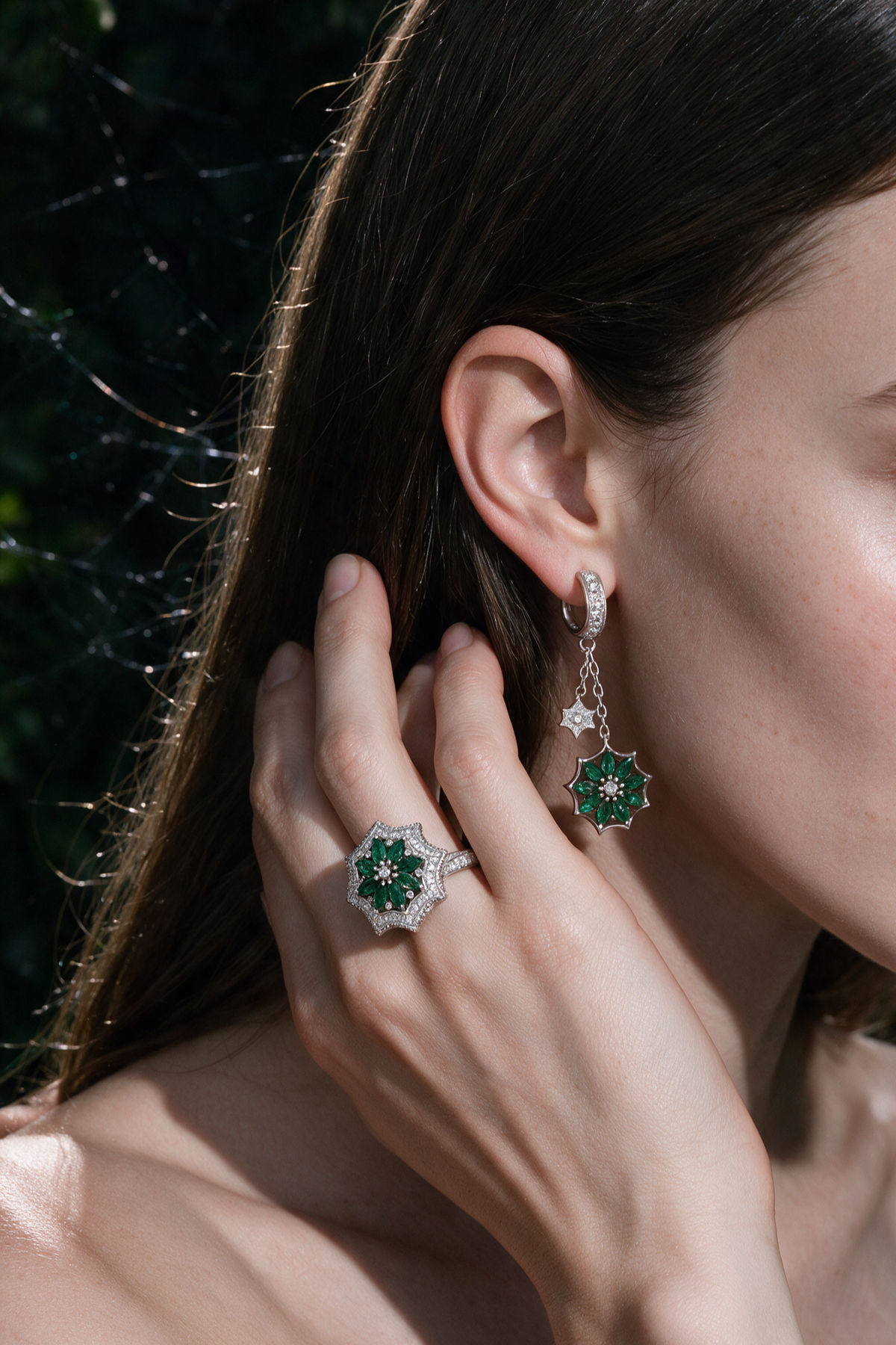 WEB Floral Earrings, White Gold, Brilliant-cut Diamonds and Emeralds
