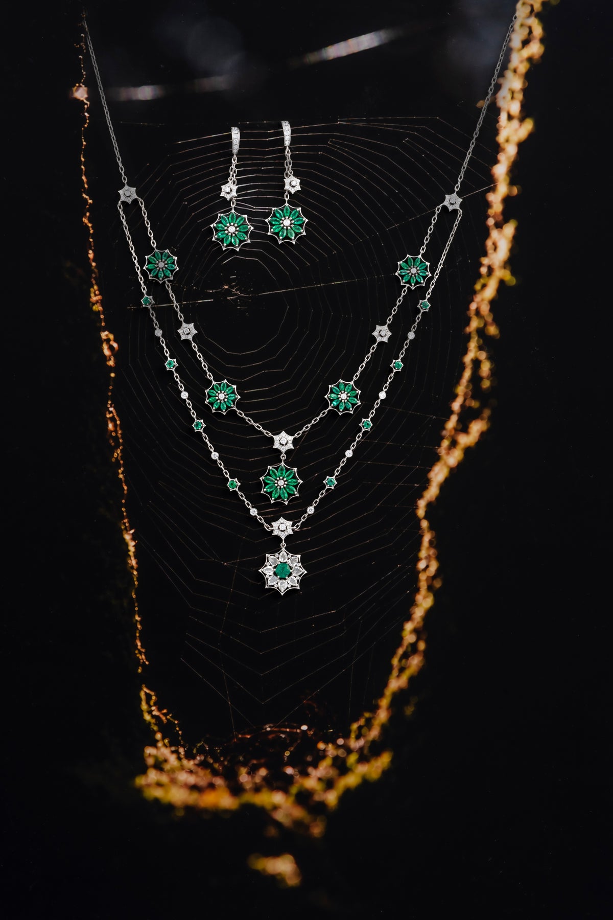 WEB Floral Earrings, White Gold, Brilliant-cut Diamonds and Emeralds