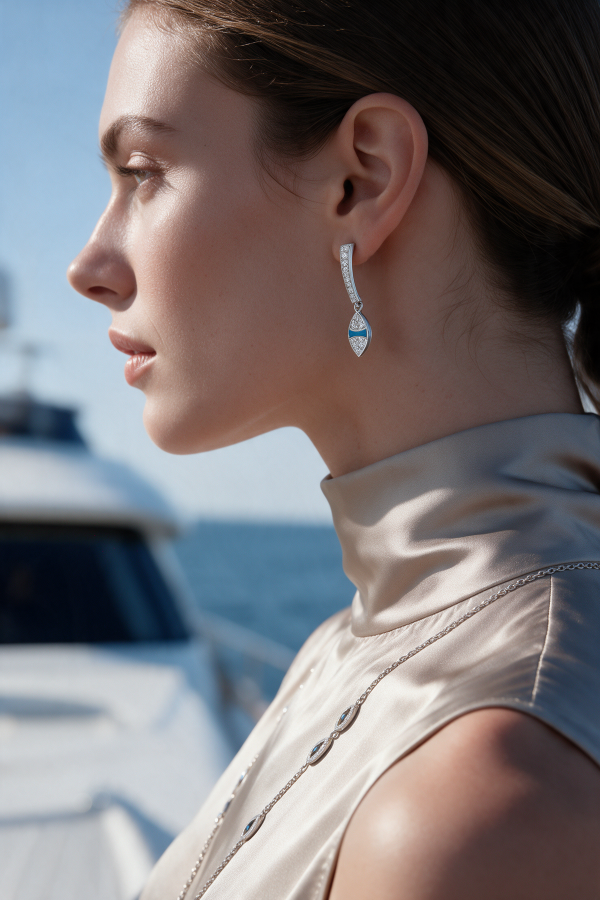 DEW Lagoon Earrings, White Gold, Rose-cut Diamonds and Ceramic Enamel