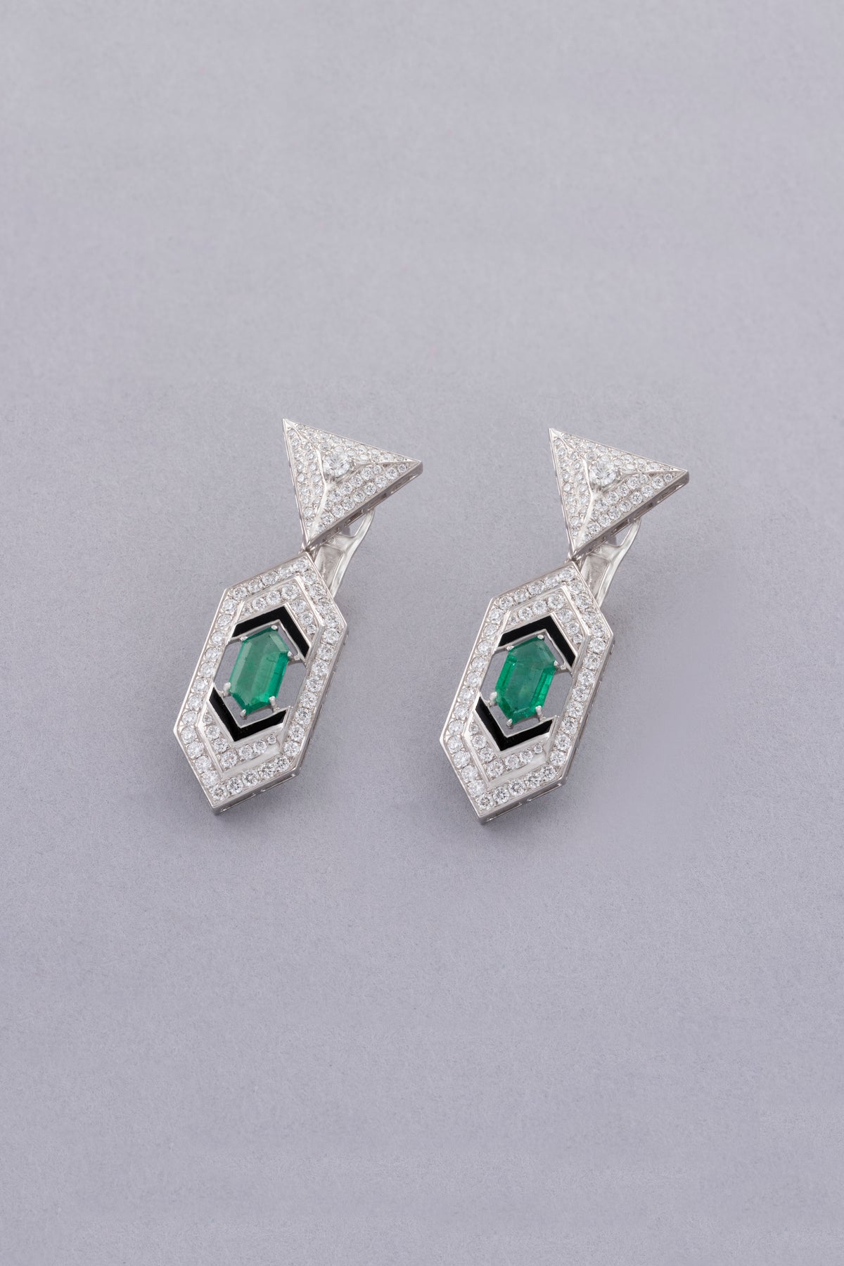 LINK Hexagon Earrings, White Gold, Brilliant-cut Diamonds and Emeralds