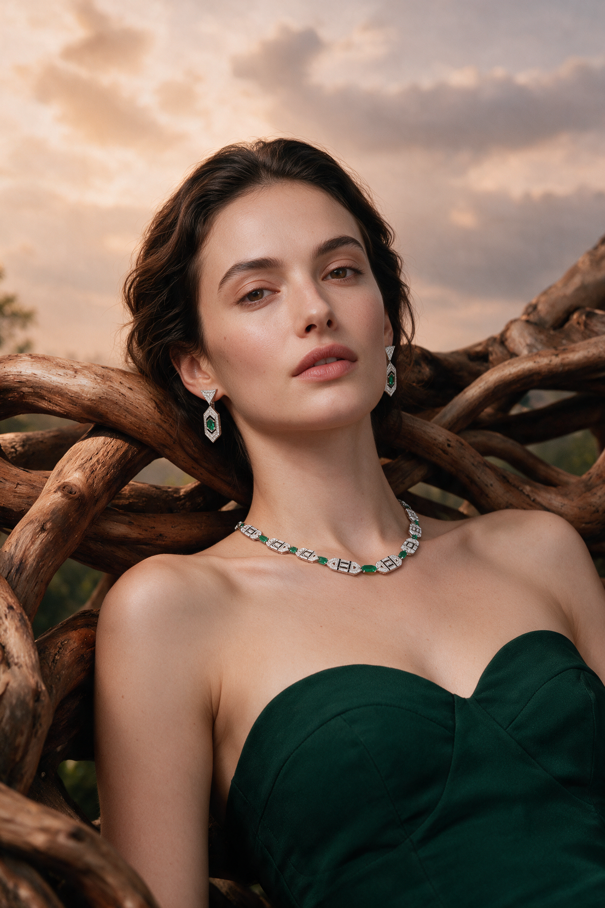 LINK Hexagon Earrings, White Gold, Brilliant-cut Diamonds and Emeralds