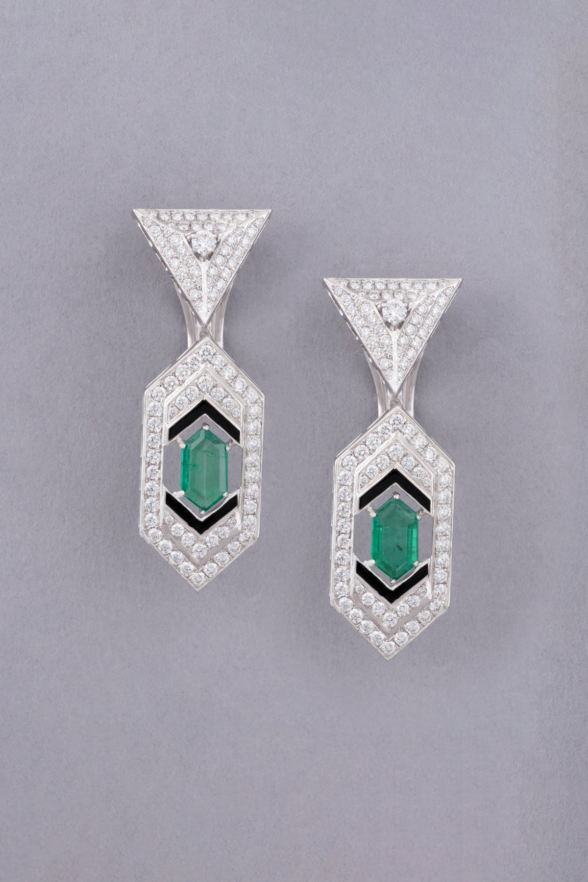 LINK Hexagon Earrings, White Gold, Brilliant-cut Diamonds and Emeralds