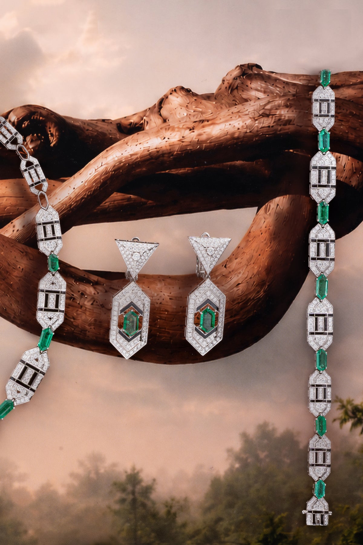 LINK Hexagon Earrings, White Gold, Brilliant-cut Diamonds and Emeralds