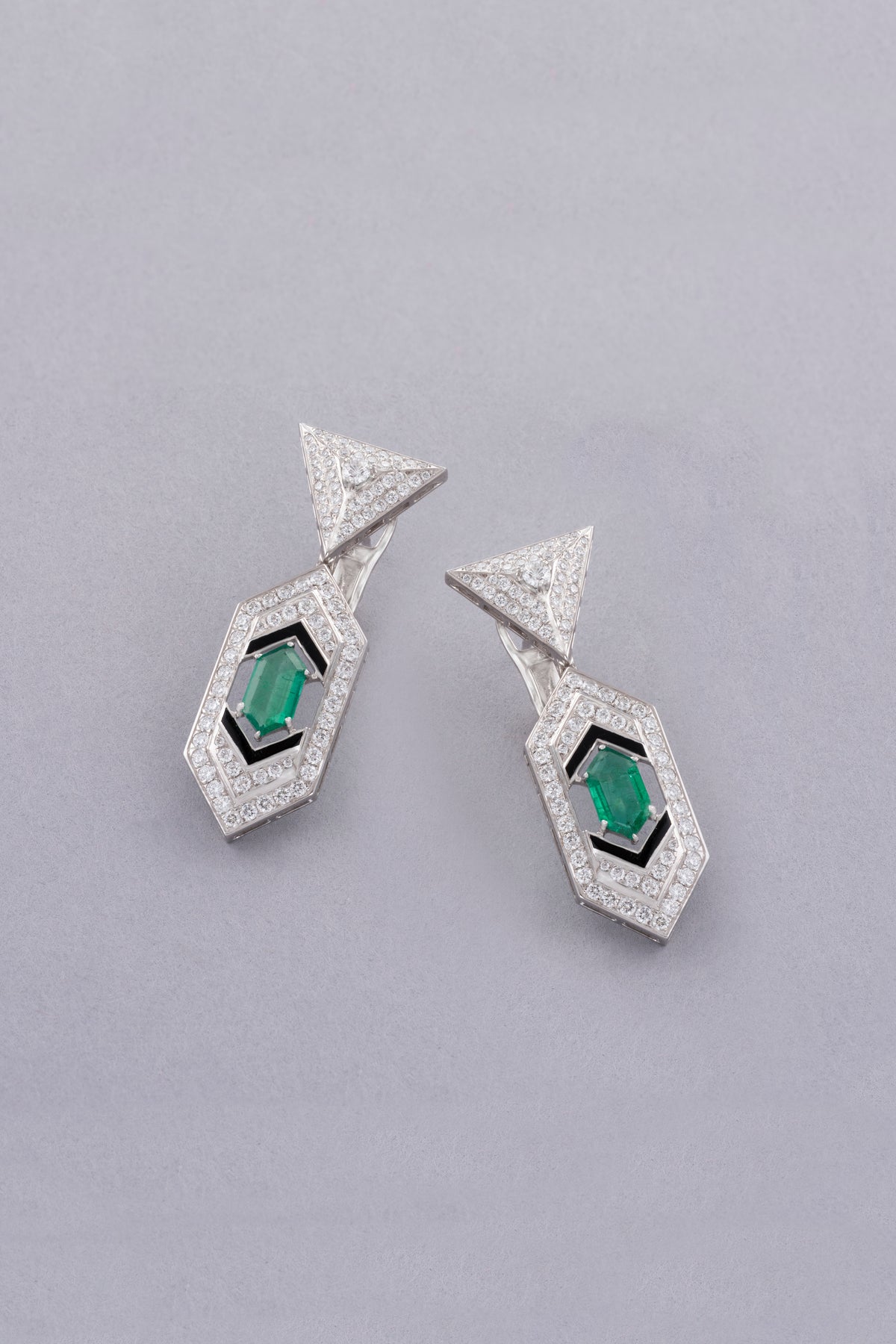 LINK Hexagon Earrings, White Gold, Brilliant-cut Diamonds and Emeralds