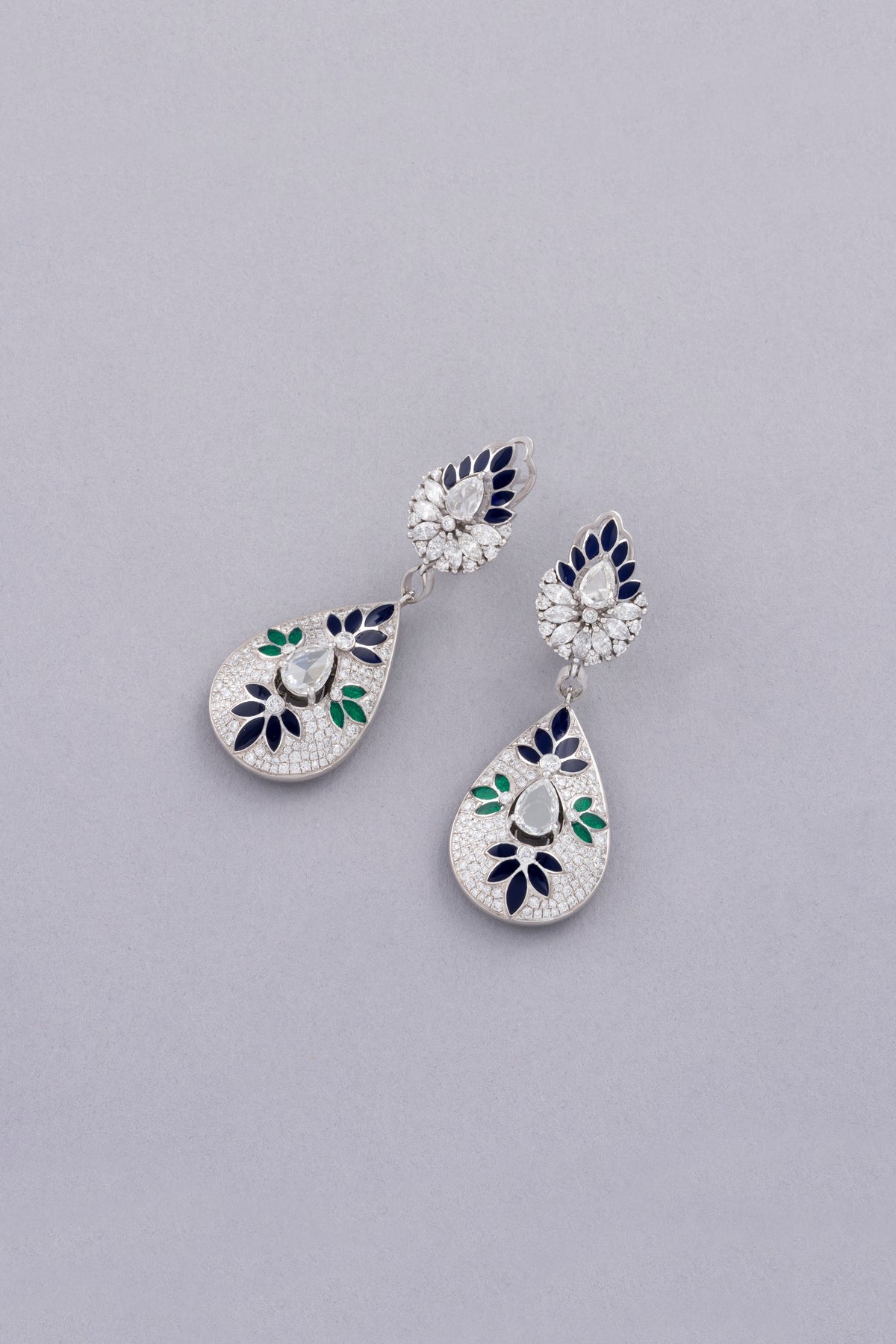 DEW Bloom Earrings, White Gold, Rose-cut Diamonds and Ceramic Enamel