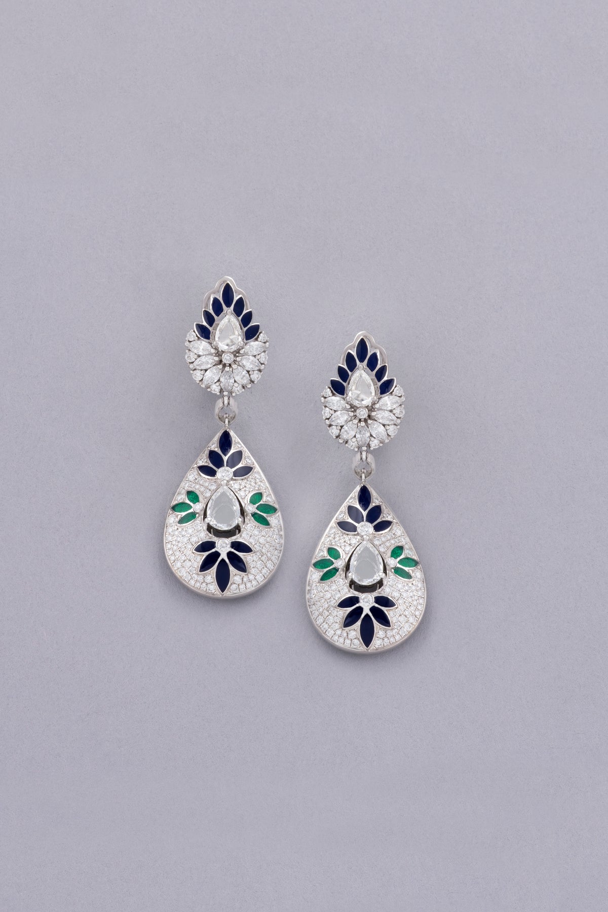 DEW Bloom Earrings, White Gold, Rose-cut Diamonds and Ceramic Enamel