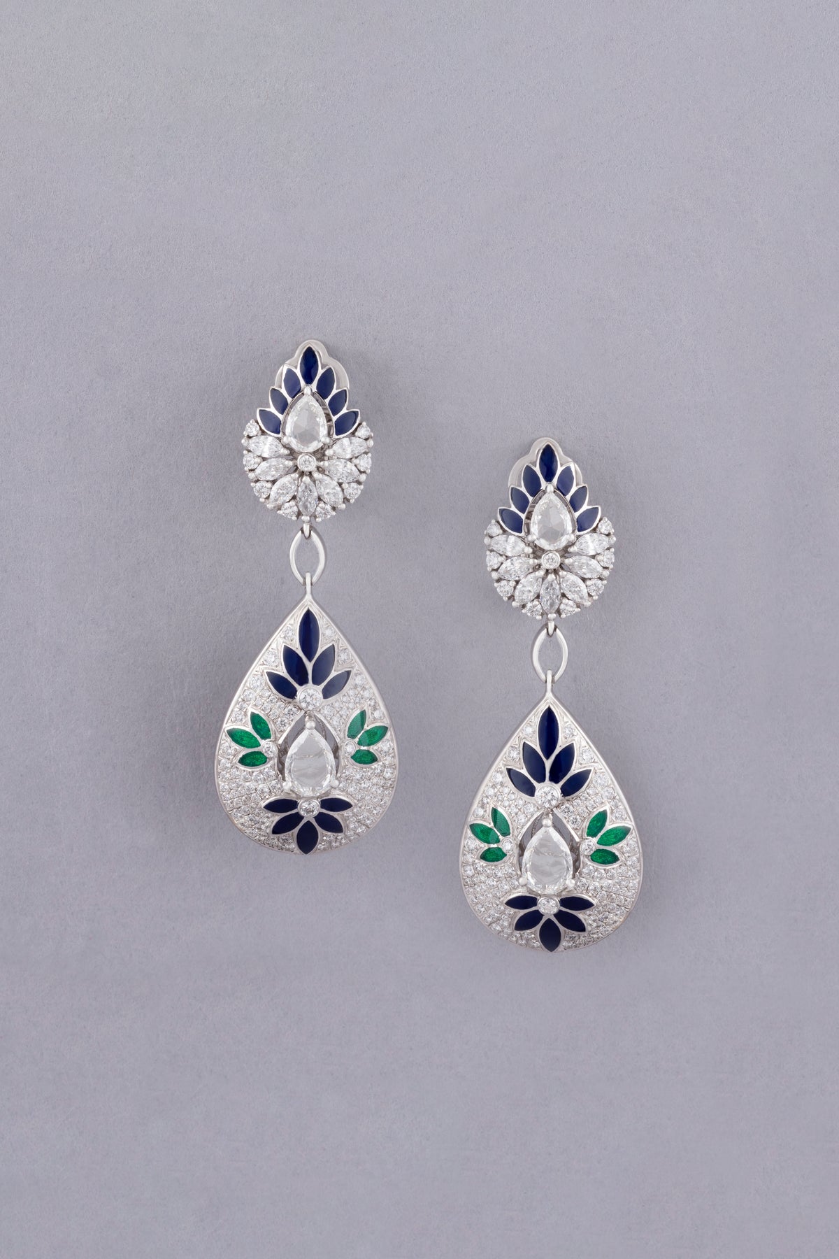 DEW Bloom Earrings, White Gold, Rose-cut Diamonds and Ceramic Enamel