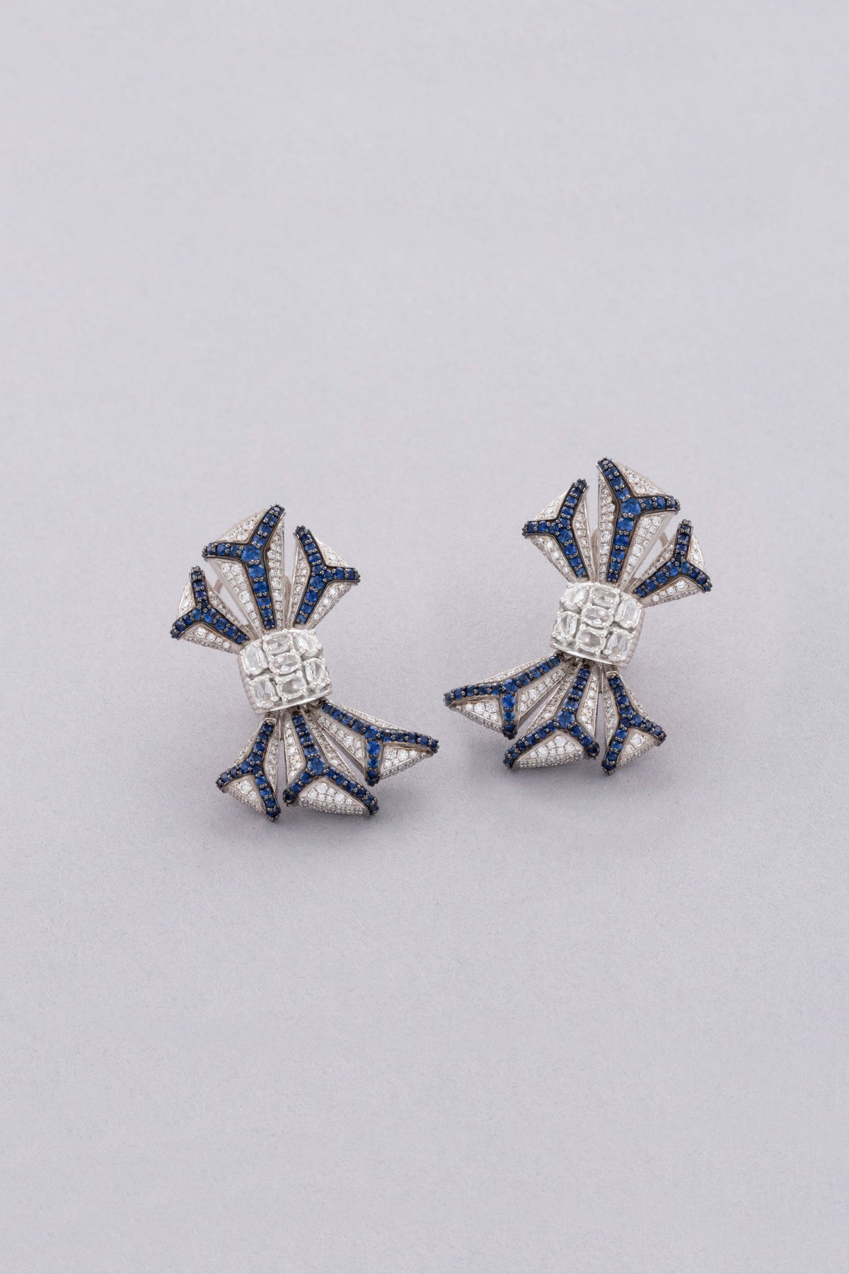 PRISM Bow Earrings, White Gold, Rose-cut Diamonds and Blue Sapphires