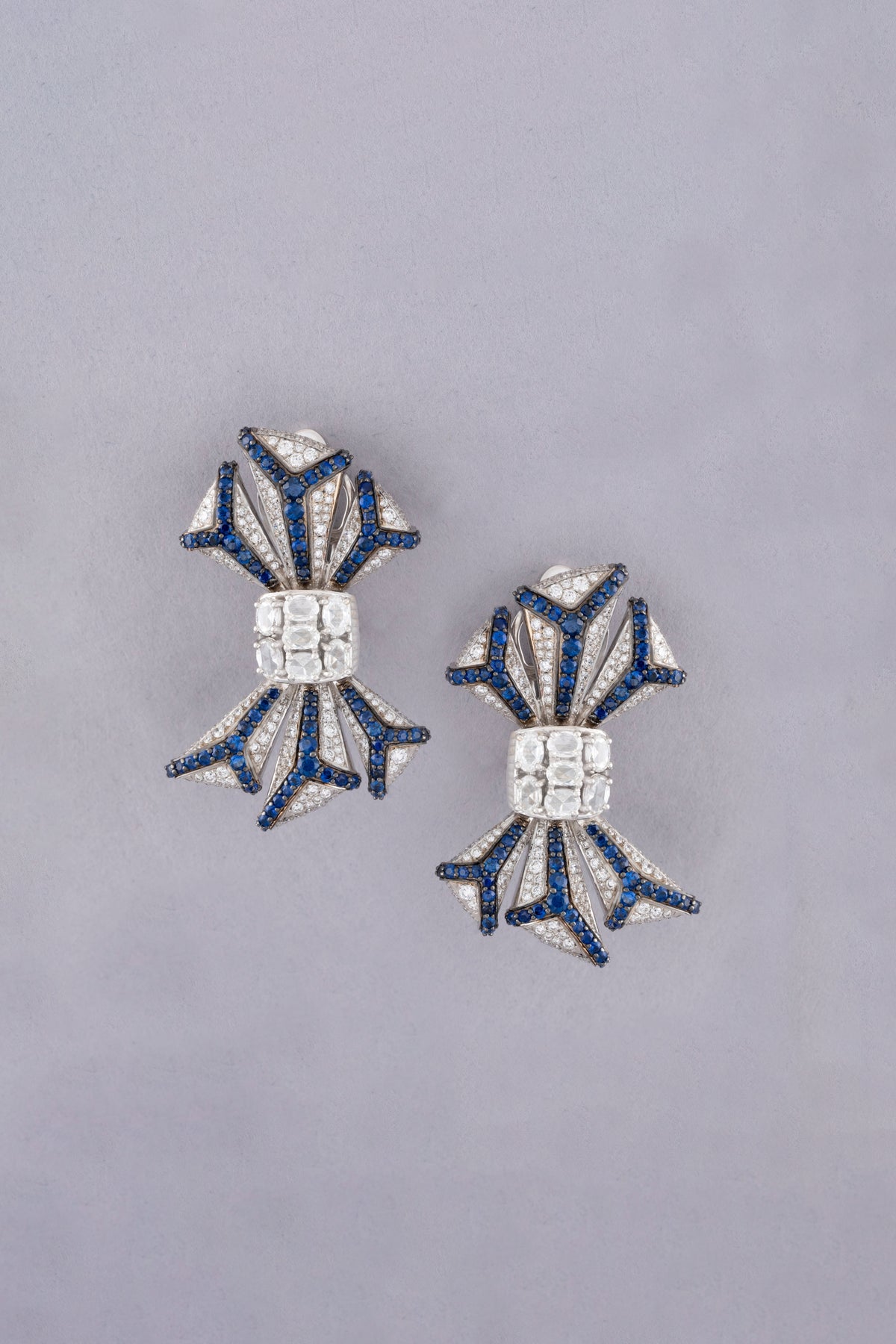 PRISM Bow Earrings, White Gold, Rose-cut Diamonds and Blue Sapphires