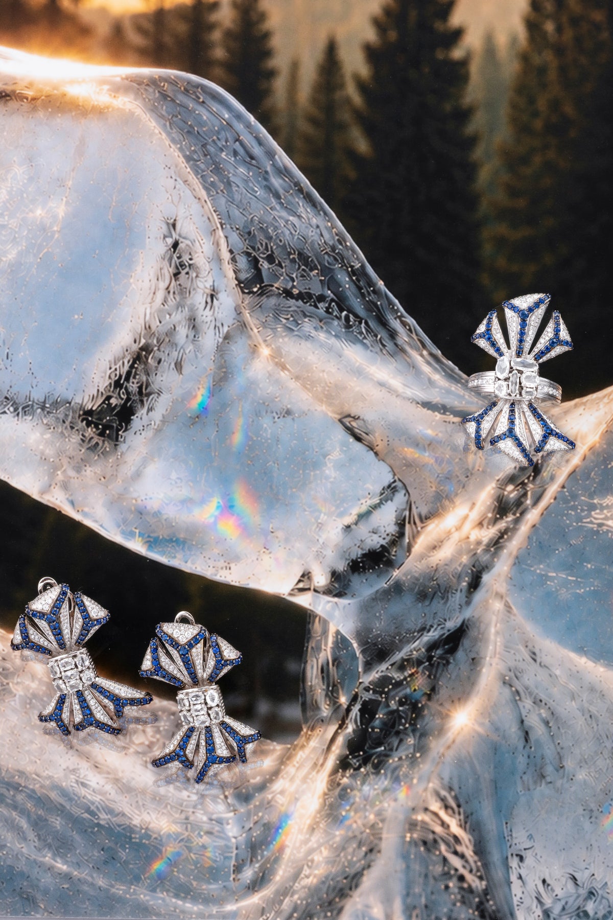 PRISM Bow Earrings, White Gold, Rose-cut Diamonds and Blue Sapphires