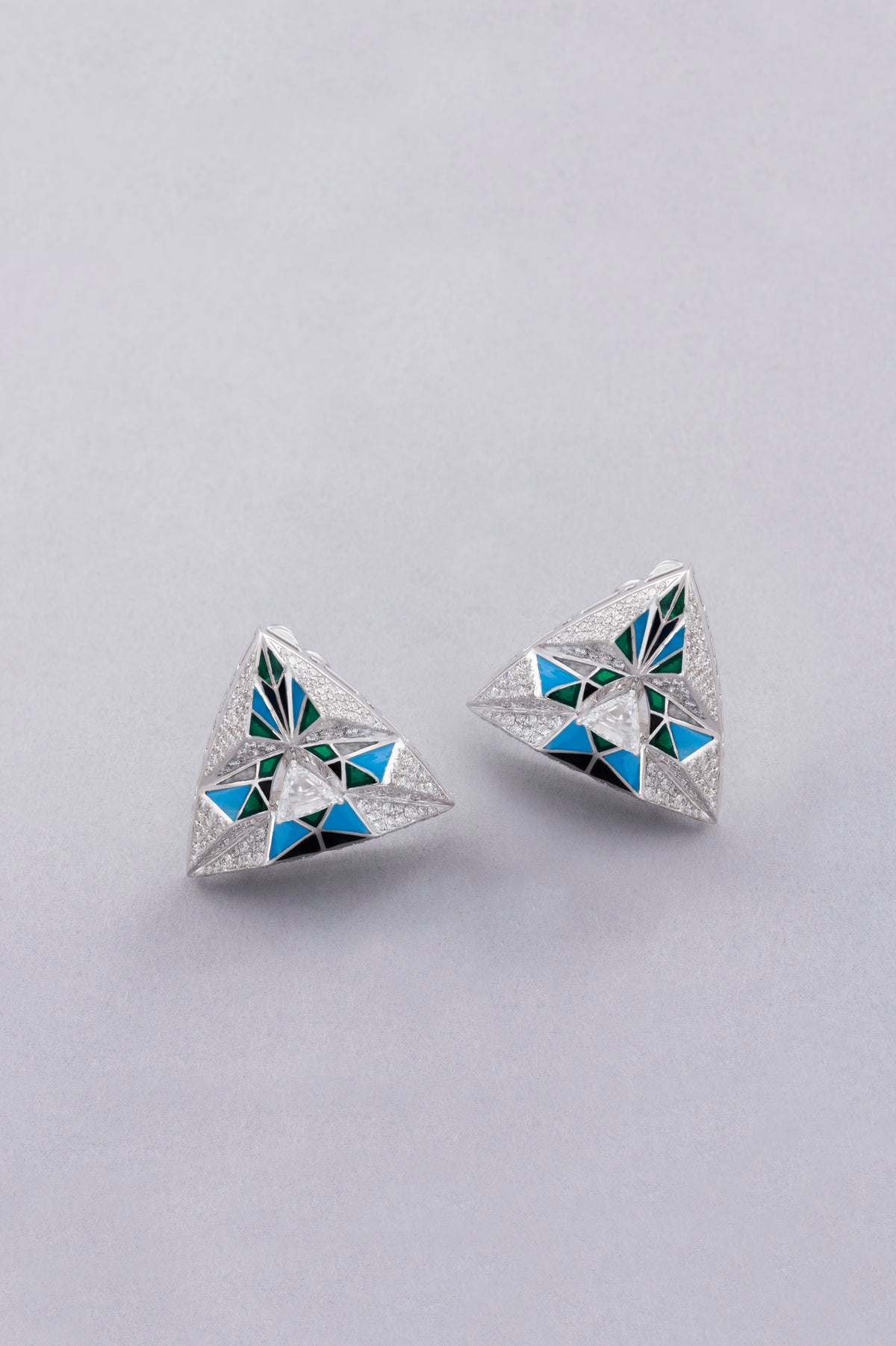 PRISM Mosaic Earrings, White Gold, Rose-cut Diamonds and Ceramic Enamel