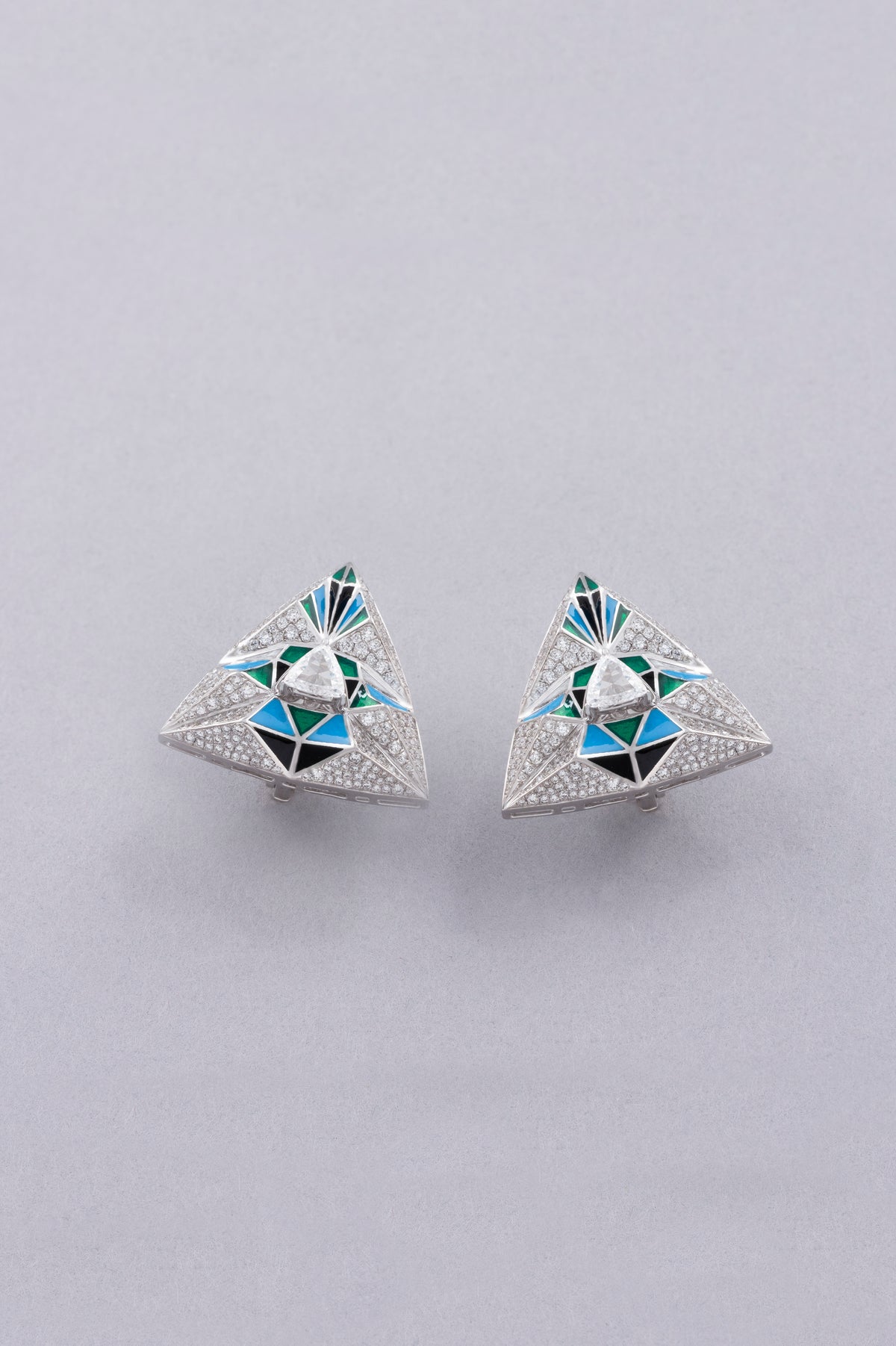 PRISM Mosaic Earrings, White Gold, Rose-cut Diamonds and Ceramic Enamel