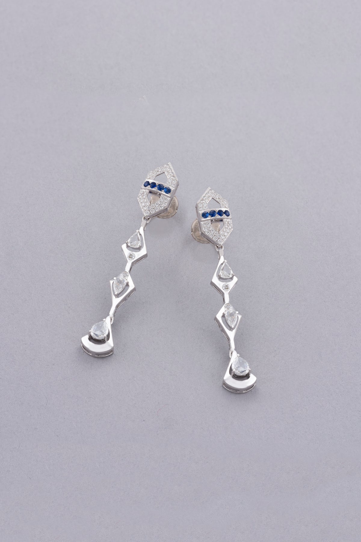 LINK Drop Earrings, White Gold, Rose-cut Diamonds and Blue Sapphires
