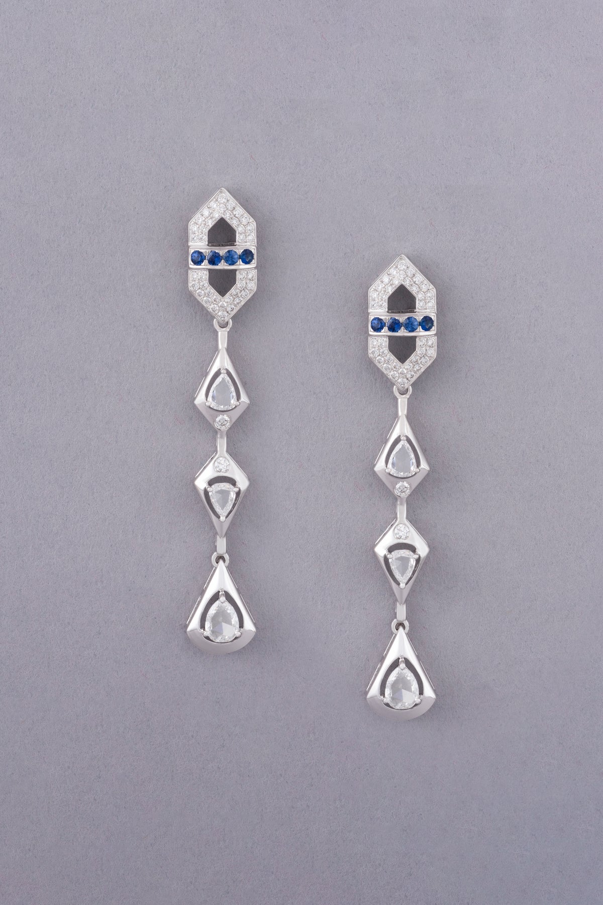 LINK Drop Earrings, White Gold, Rose-cut Diamonds and Blue Sapphires