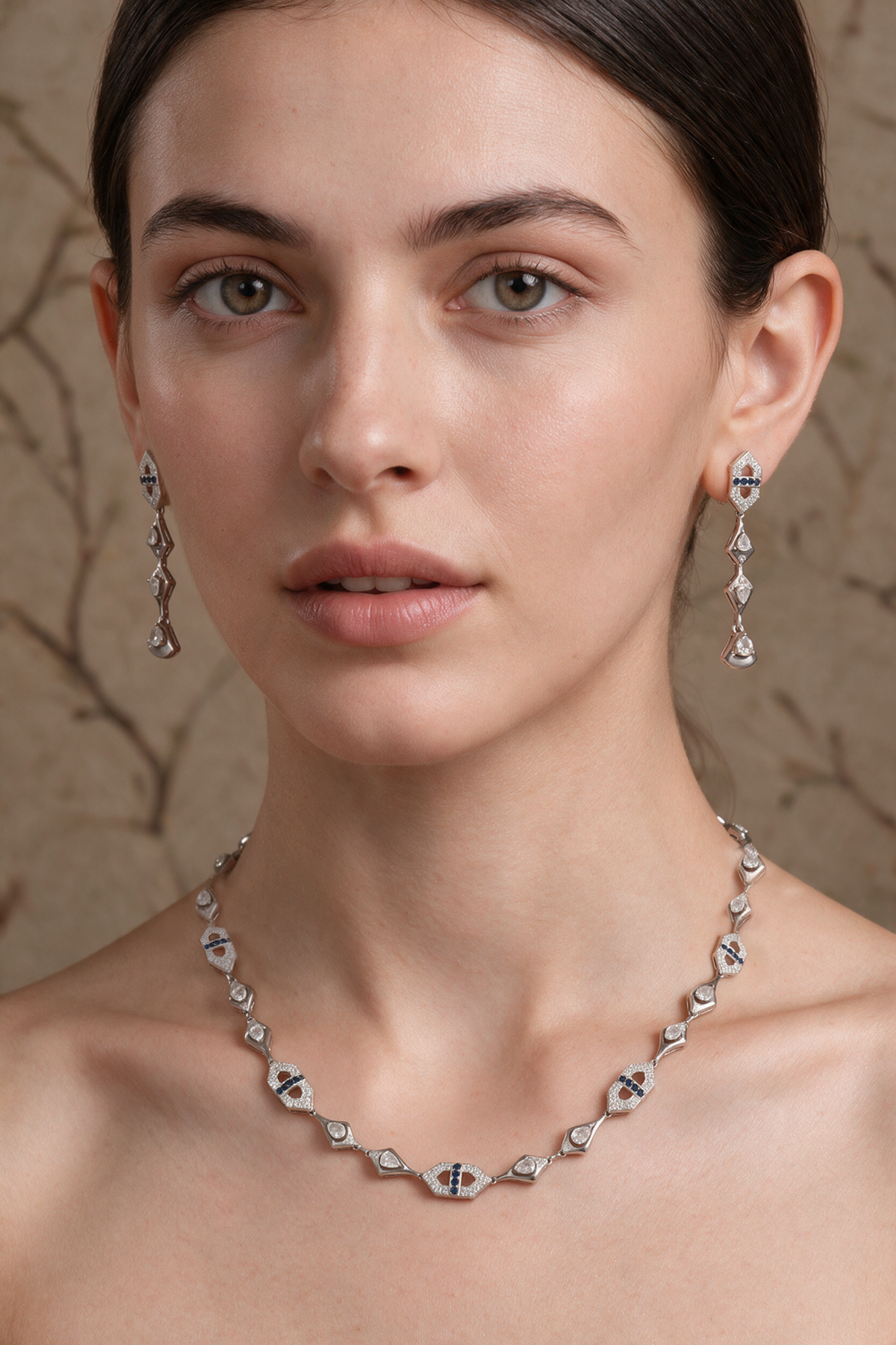 LINK Drop Earrings, White Gold, Rose-cut Diamonds and Blue Sapphires