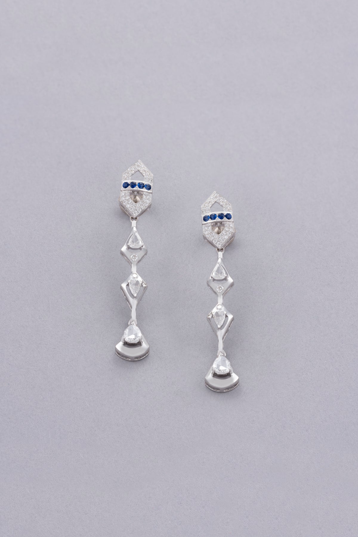 LINK Drop Earrings, White Gold, Rose-cut Diamonds and Blue Sapphires