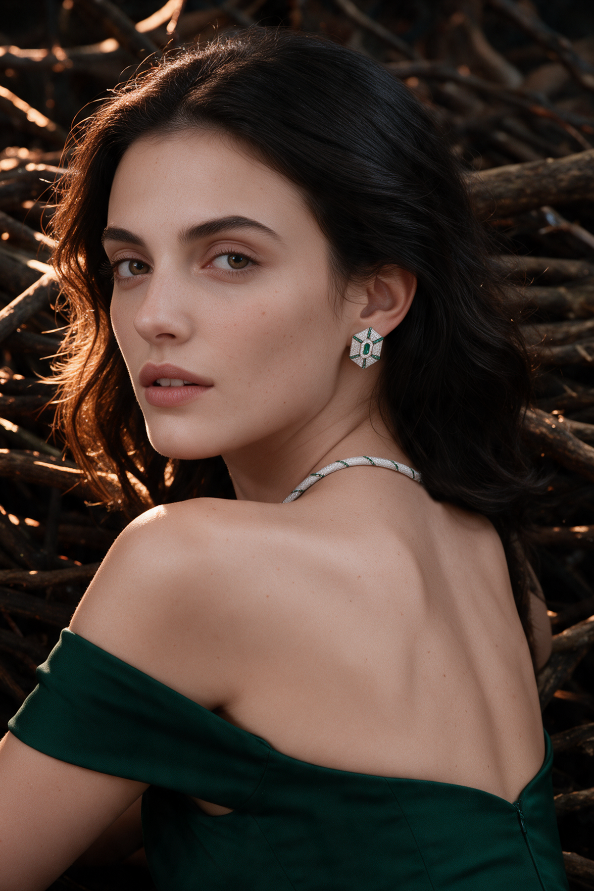 LINK Hexagon Earrings, White Gold, Brilliant-cut Diamonds and Emeralds