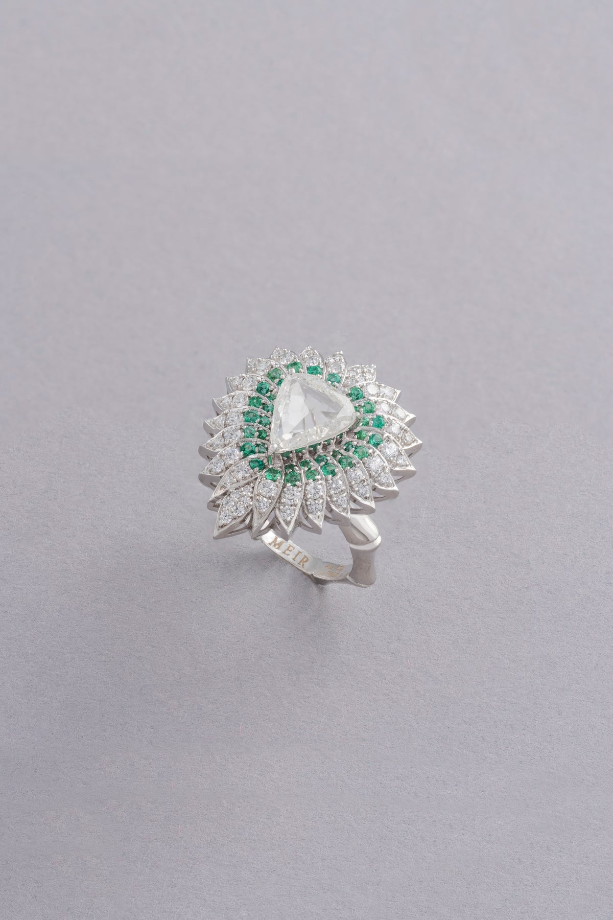 Lotus Ring, White Gold, Rose-cut Diamonds and Emeralds