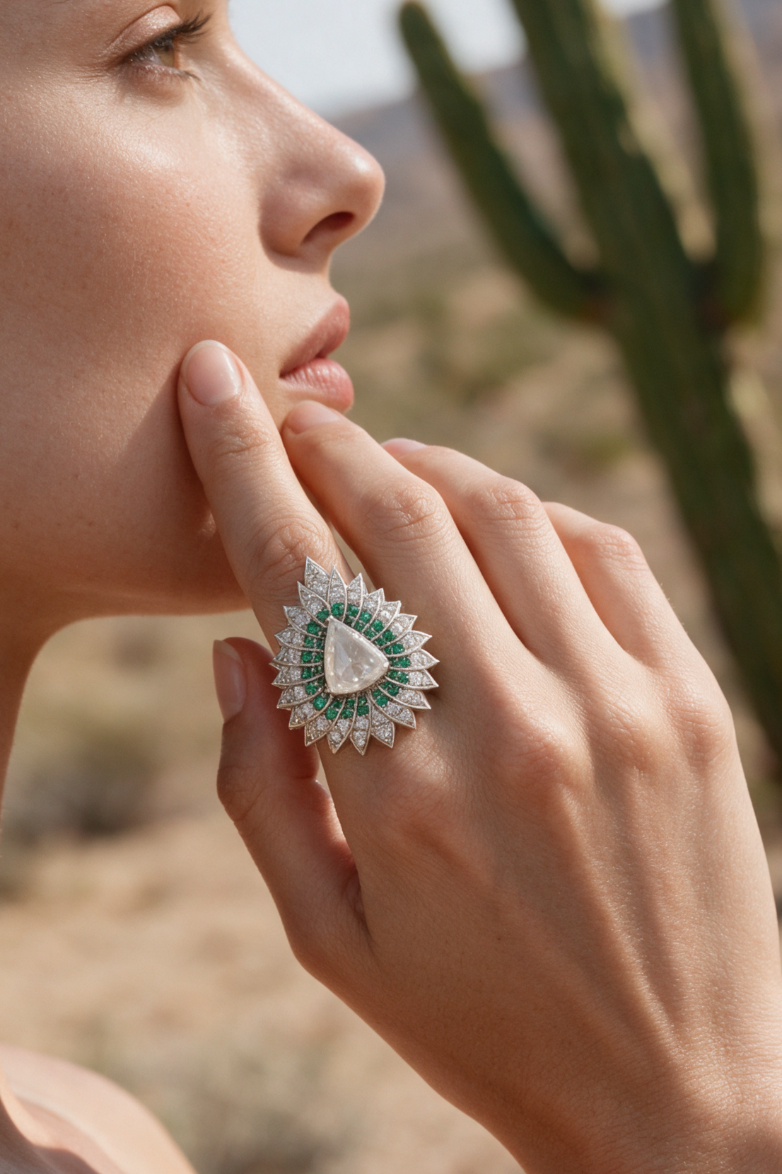 Lotus Ring, White Gold, Rose-cut Diamonds and Emeralds