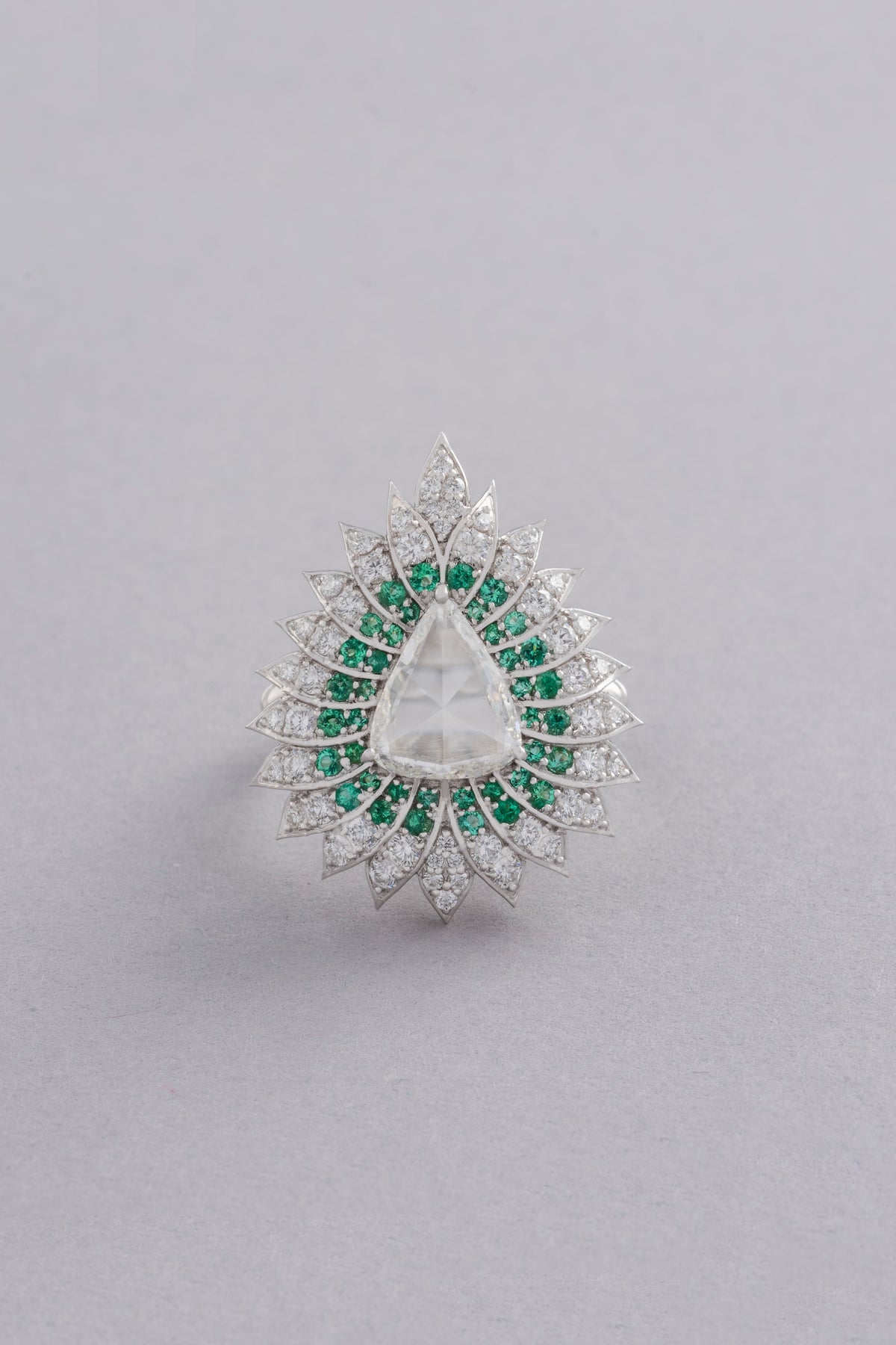 Lotus Ring, White Gold, Rose-cut Diamonds and Emeralds