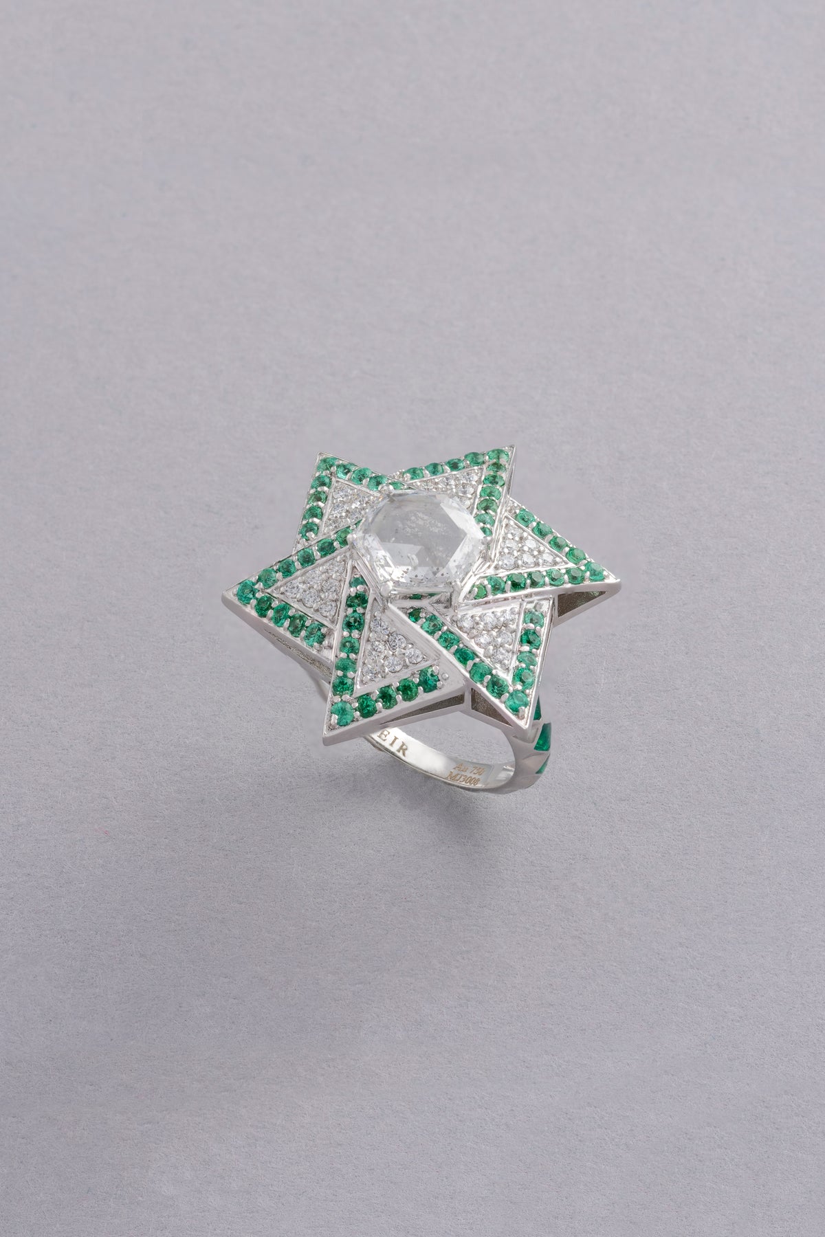 Star Ring, White Gold, Rose-cut Diamonds and Emeralds
