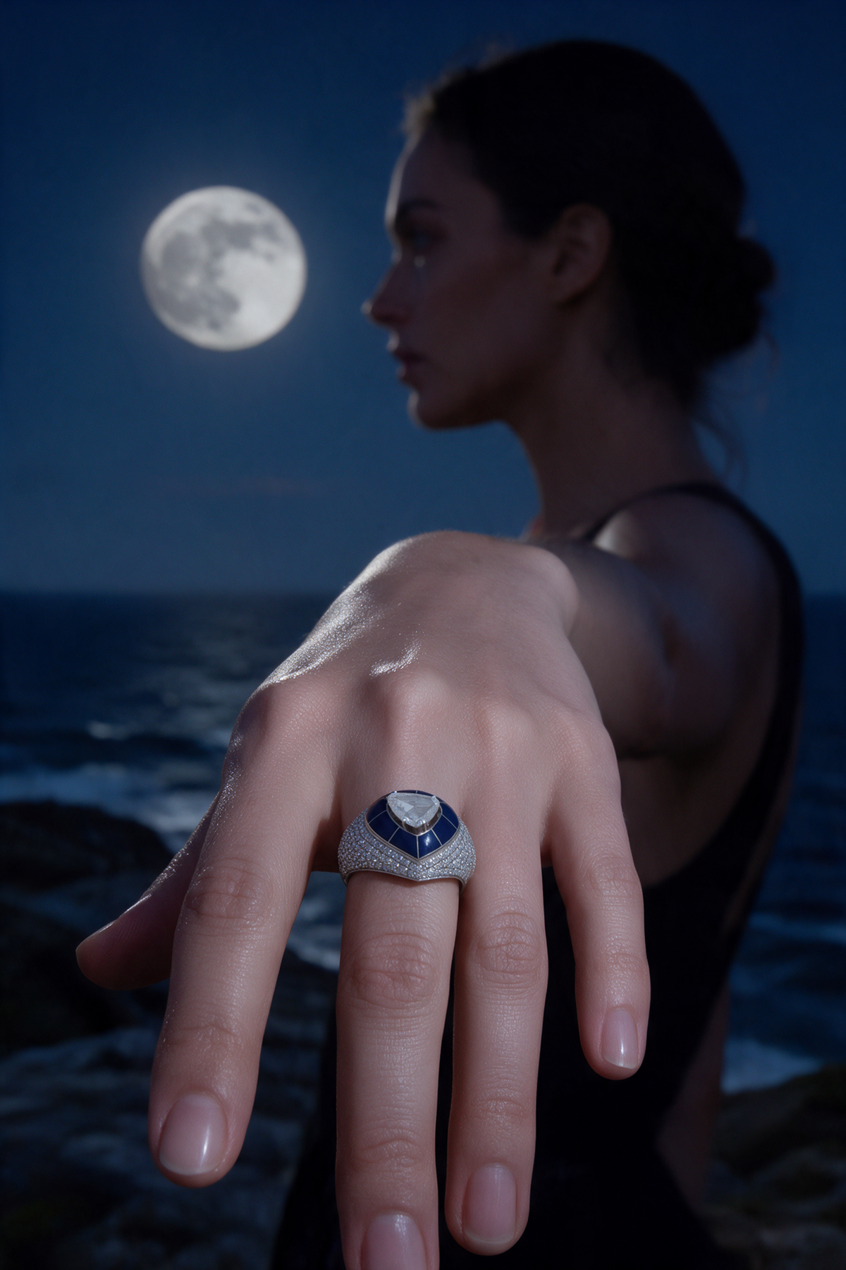 Shield Ring, White Gold, Rose-cut Diamonds and Ceramic Enamel