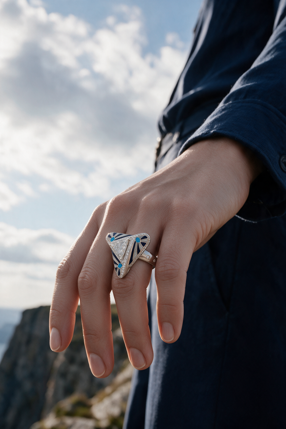Triad Ring, White Gold, Rose-cut Diamonds and Ceramic Enamel