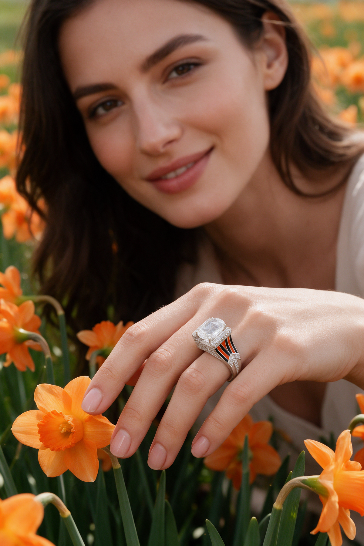 Streamline Ring, White Gold, Rose-cut Diamonds and Ceramic Enamel