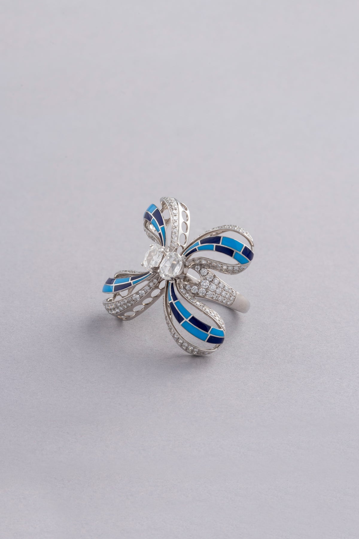 FLUTTER Butterfly Cascade Ring, White Gold, Rose-cut Diamonds and Ceramic Enamel