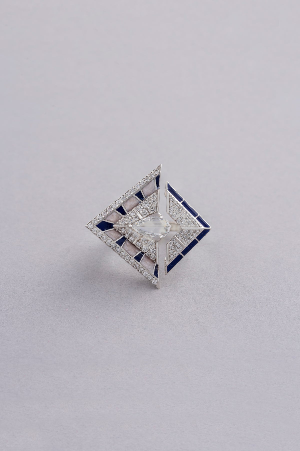 PRISM Chevron Ring, White Gold, Rose-cut Diamonds and Ceramic Enamel