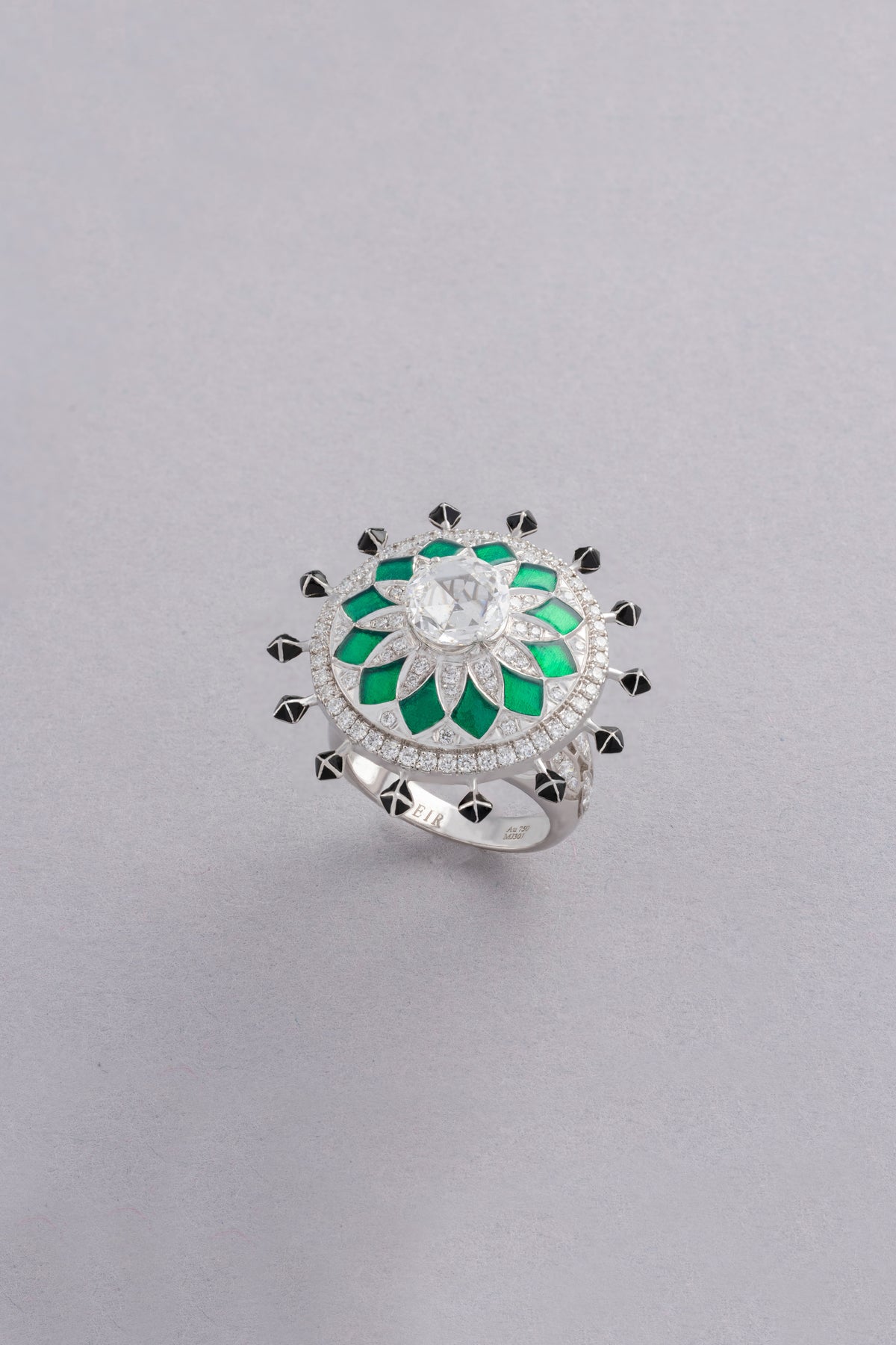 NOVA Medallion Ring, White Gold, Rose-cut Diamonds and Ceramic Enamel
