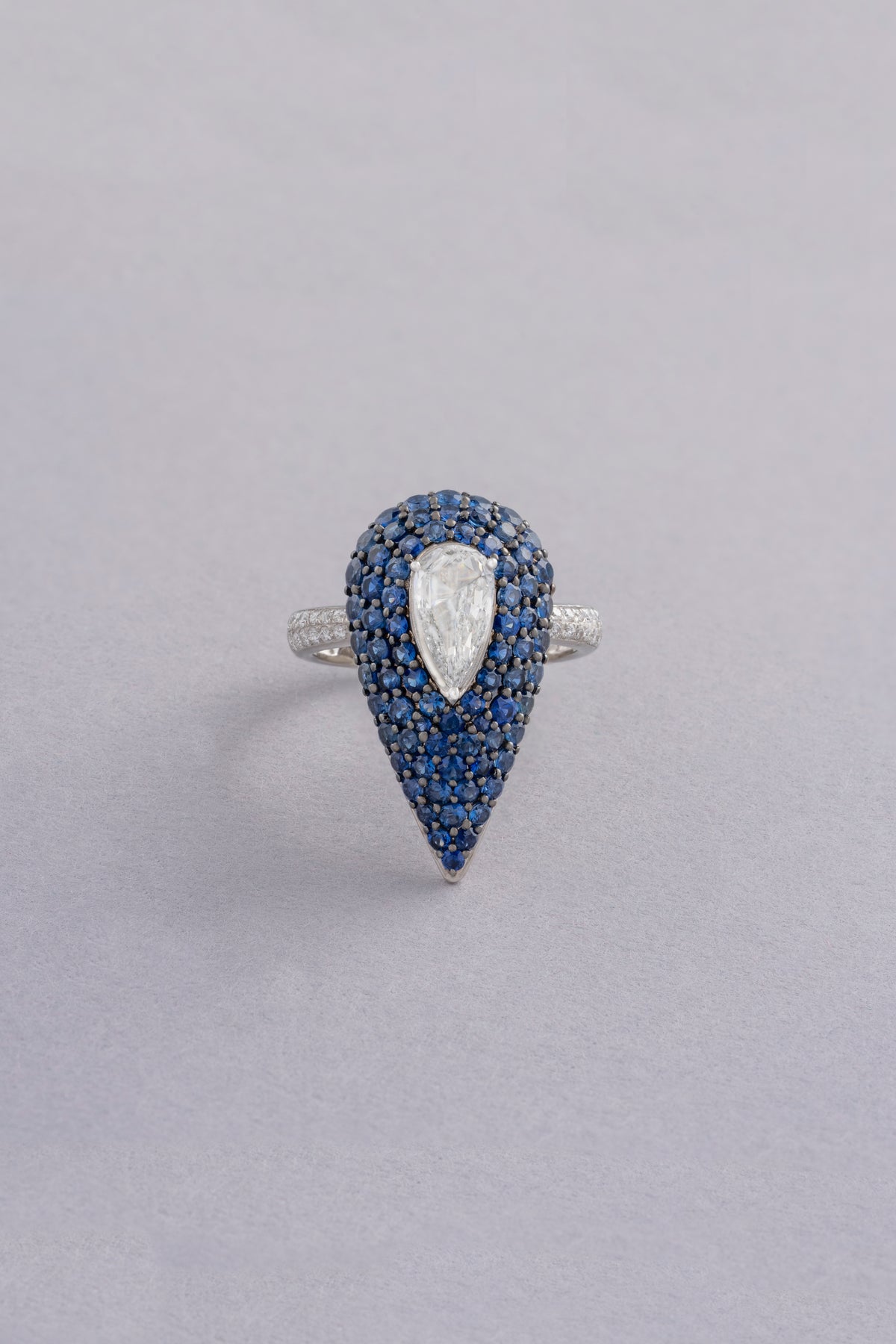 DEW Cascade Ring, White Gold, Rose-cut Diamonds and Blue Sapphires