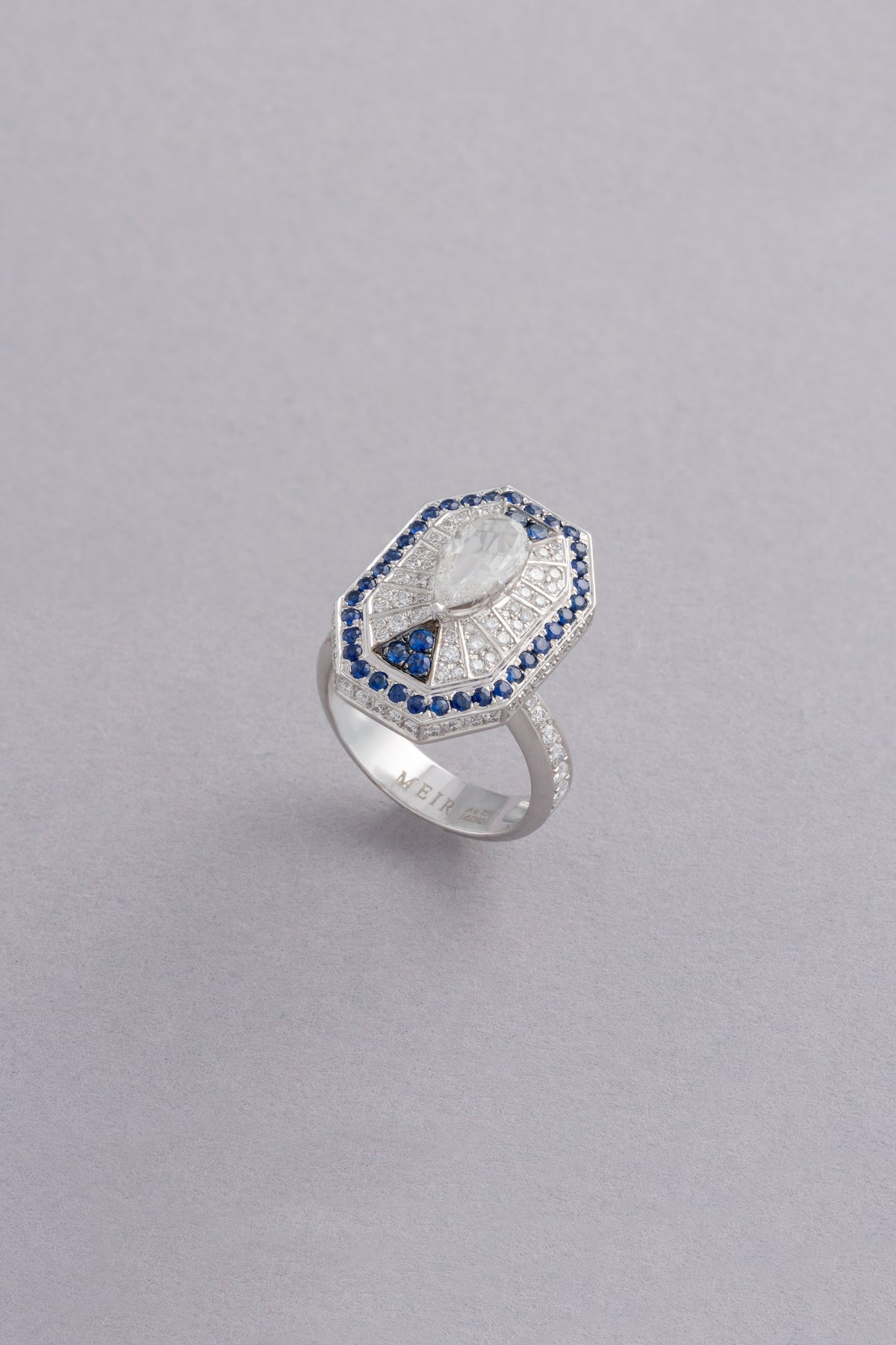 LINK Drop Ring, White Gold, Rose-cut Diamonds and Blue Sapphires