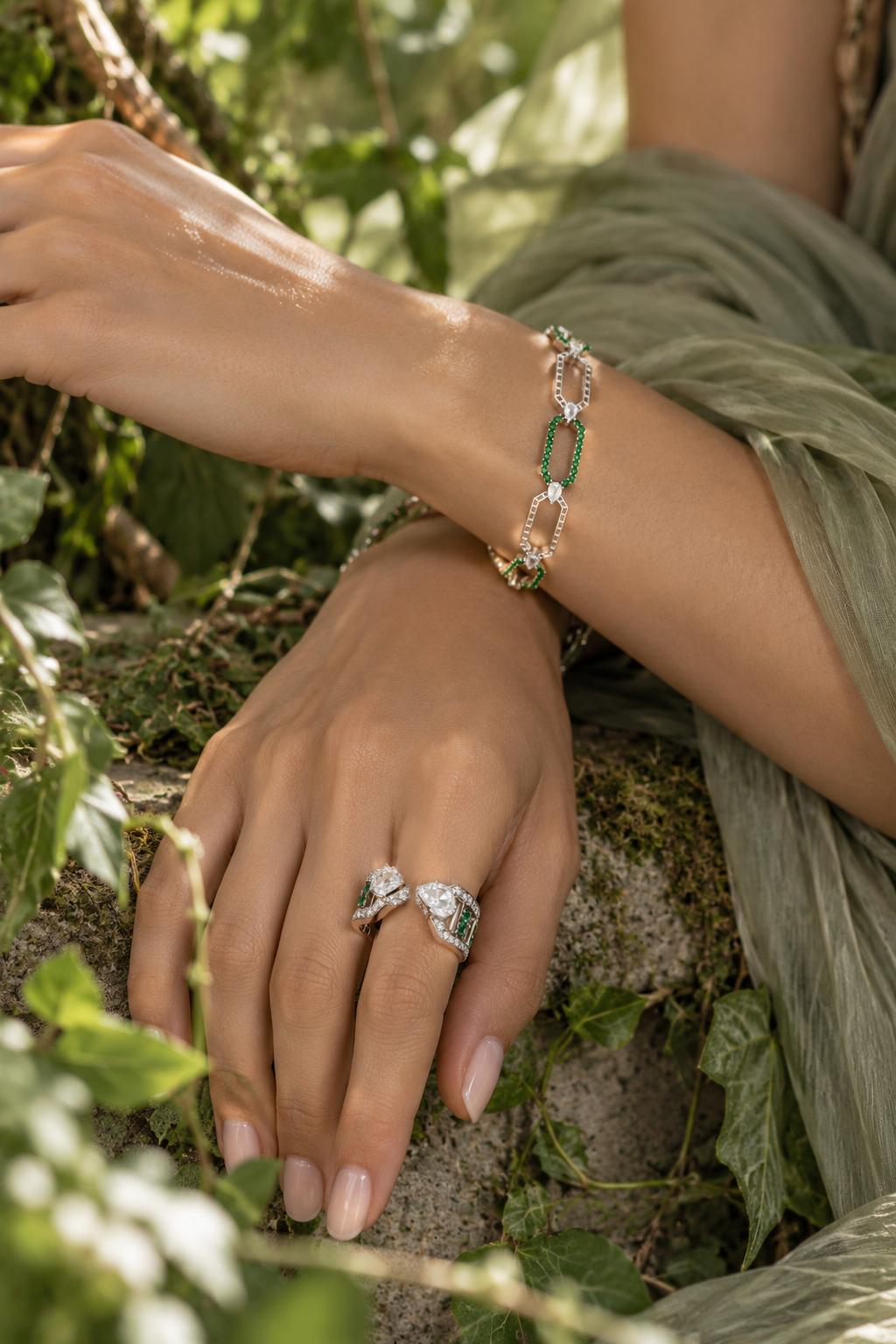 LINK Chain Ring, White Gold, Rose-cut Diamonds and Tsavorite
