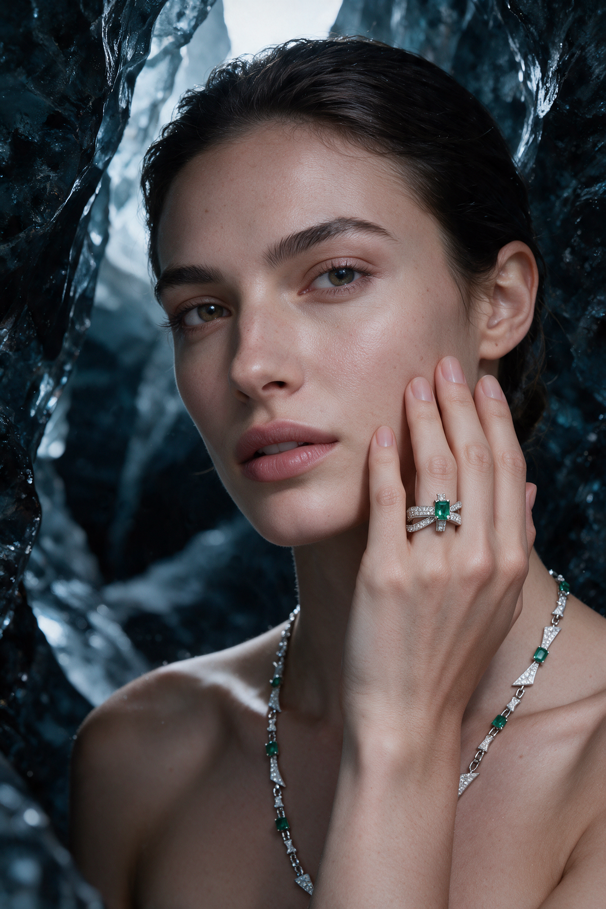PRISM Emerald-Cut Ring, White Gold, Brilliant-cut Diamonds and Emeralds