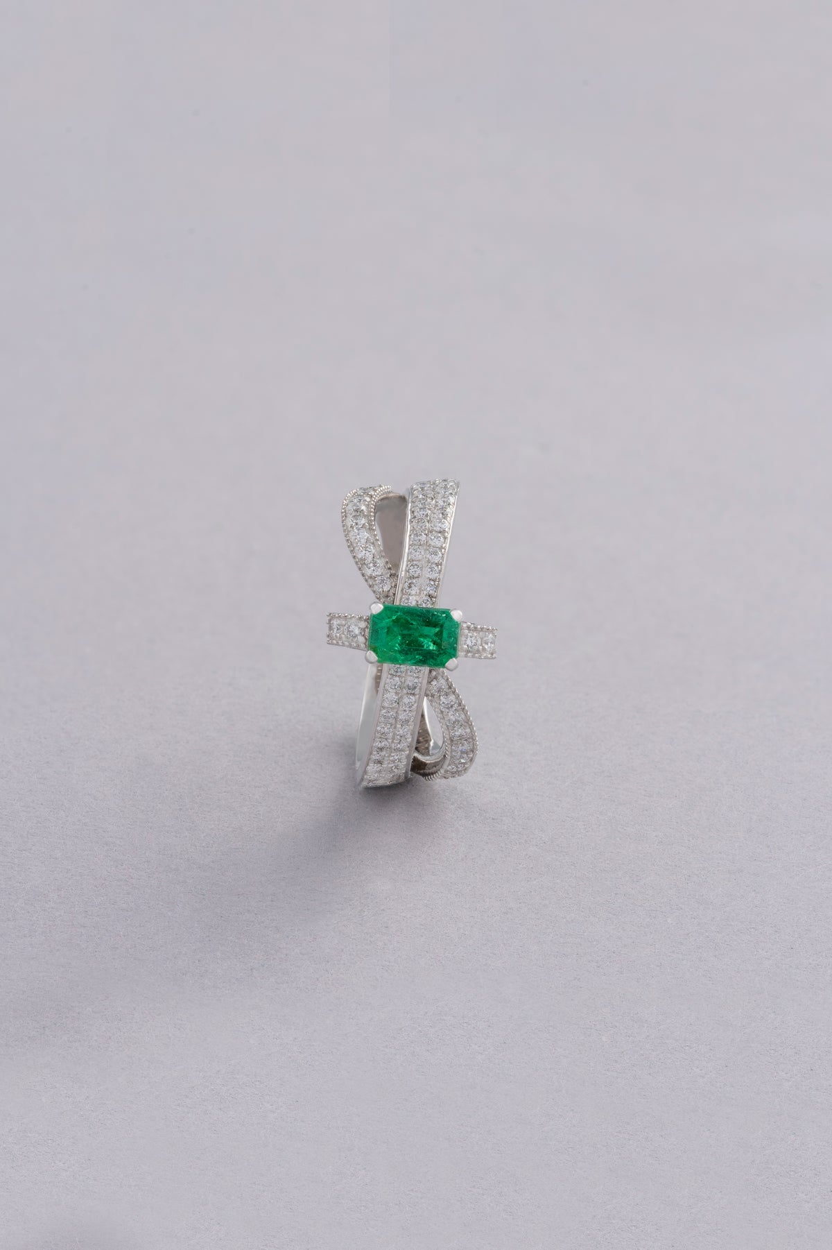 PRISM Emerald-Cut Ring, White Gold, Brilliant-cut Diamonds and Emeralds