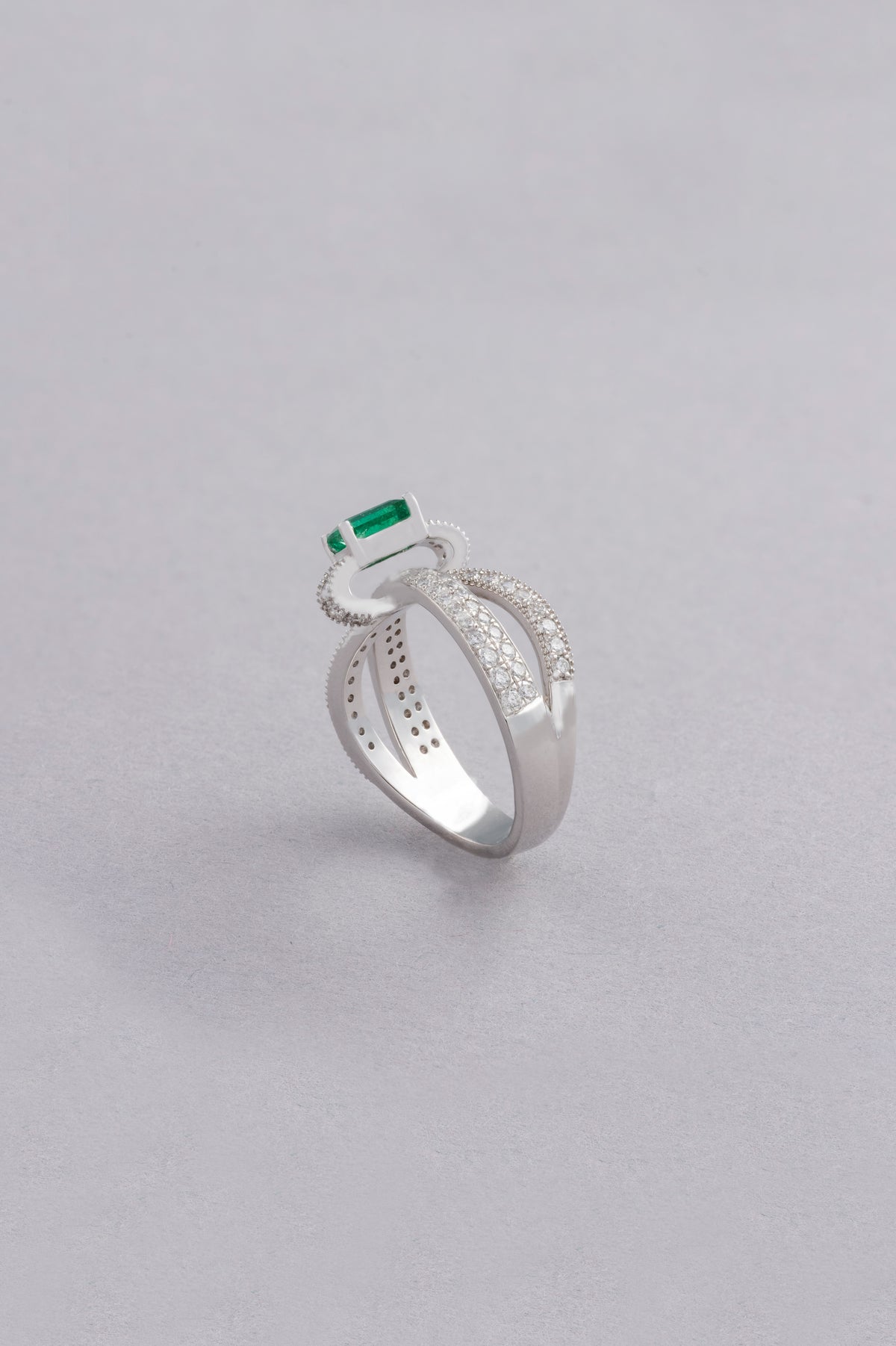 PRISM Emerald-Cut Ring, White Gold, Brilliant-cut Diamonds and Emeralds