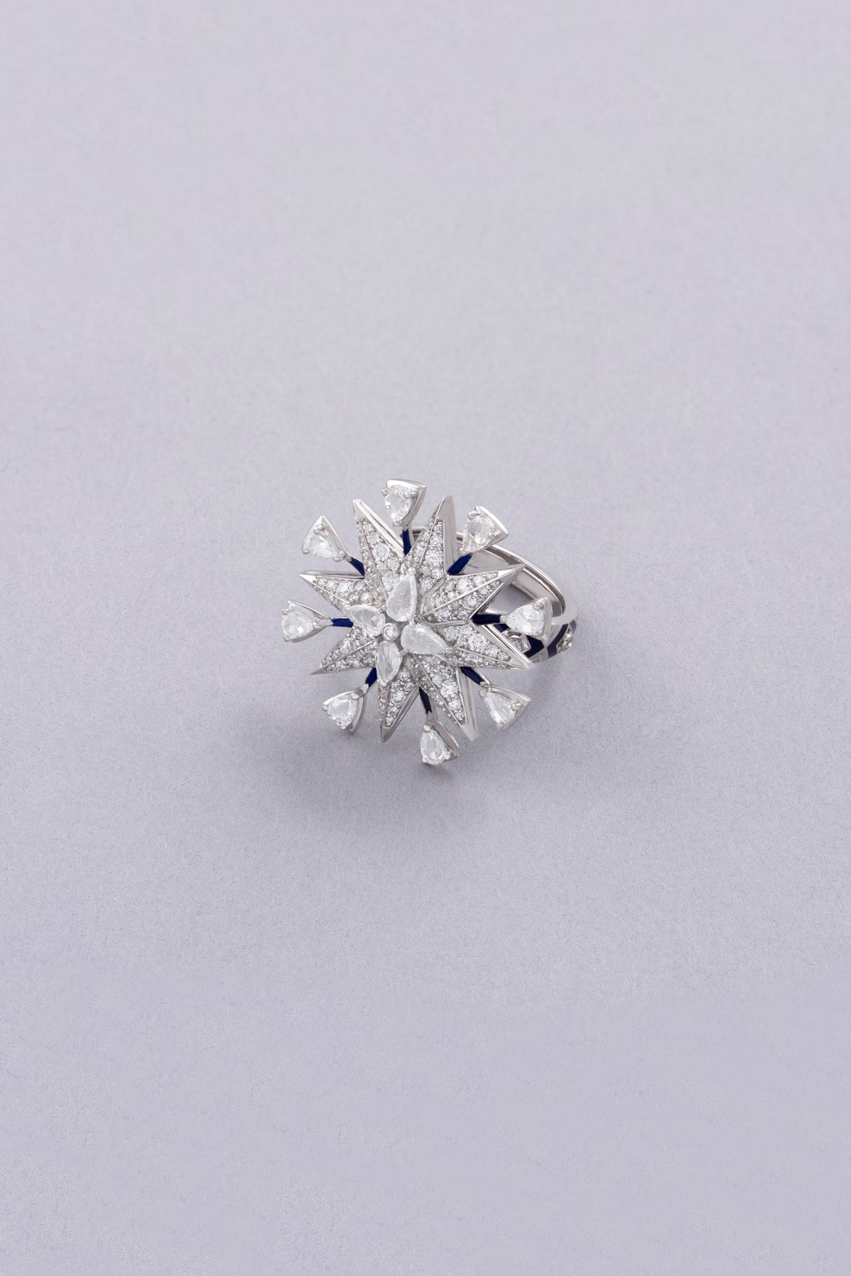 NOVA Radiant Burst Ring, White Gold, Rose-cut Diamonds and Ceramic Enamel
